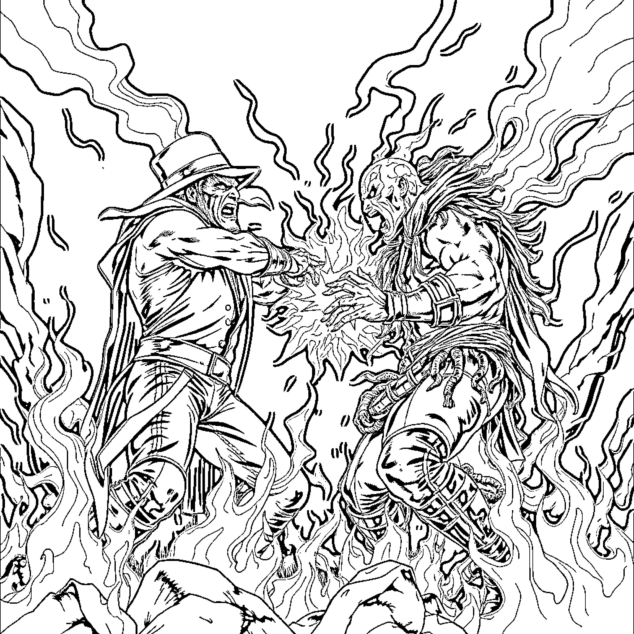 Undertaker's Fiery Clash with Demonic Foe Coloring Page (free black-and-white line drawing printable PDF for all, from beginners to advanced learners, including children, teens, adults, and seniors)
