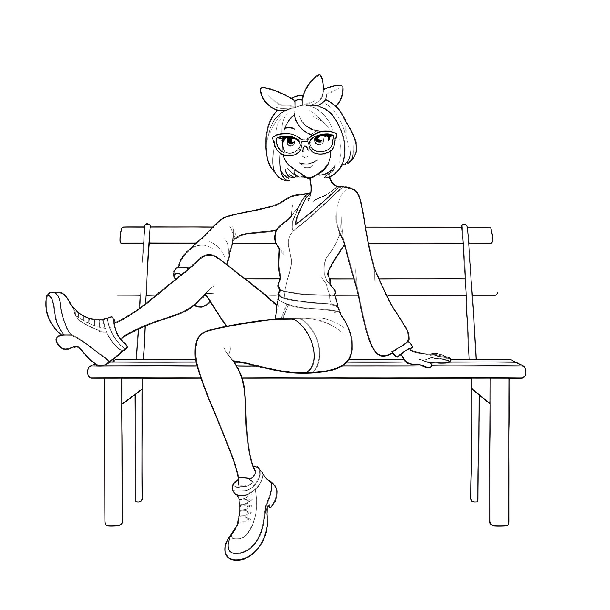 Gogo Tomago sitting on a bench Coloring Page (free black-and-white line drawing printable PDF for all, from beginners to advanced learners, including children, teens, adults, and seniors)