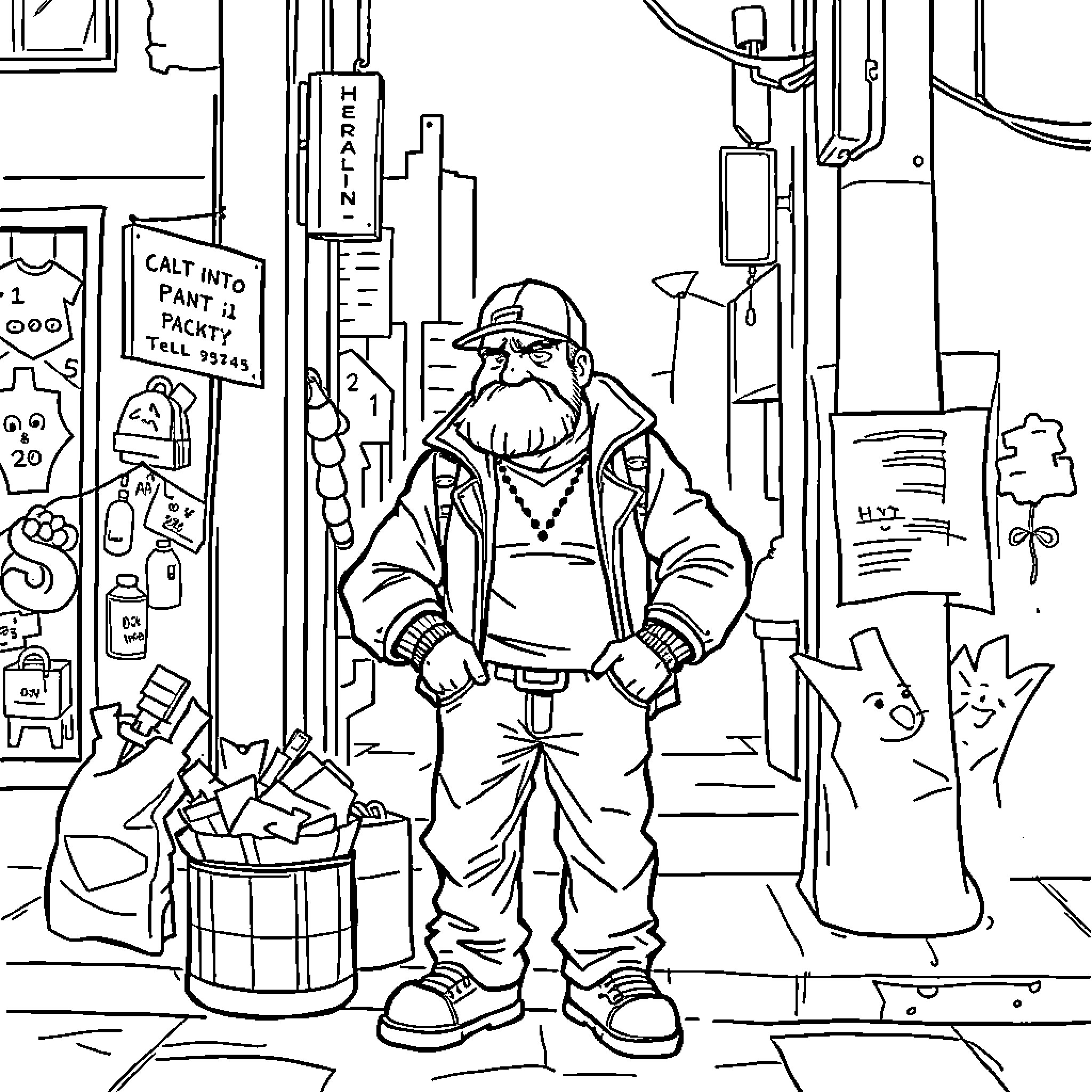 Thug Selling Trinkets on the Busy Street Coloring Page (free black-and-white line drawing printable PDF for all, from beginners to advanced learners, including children, teens, adults, and seniors)