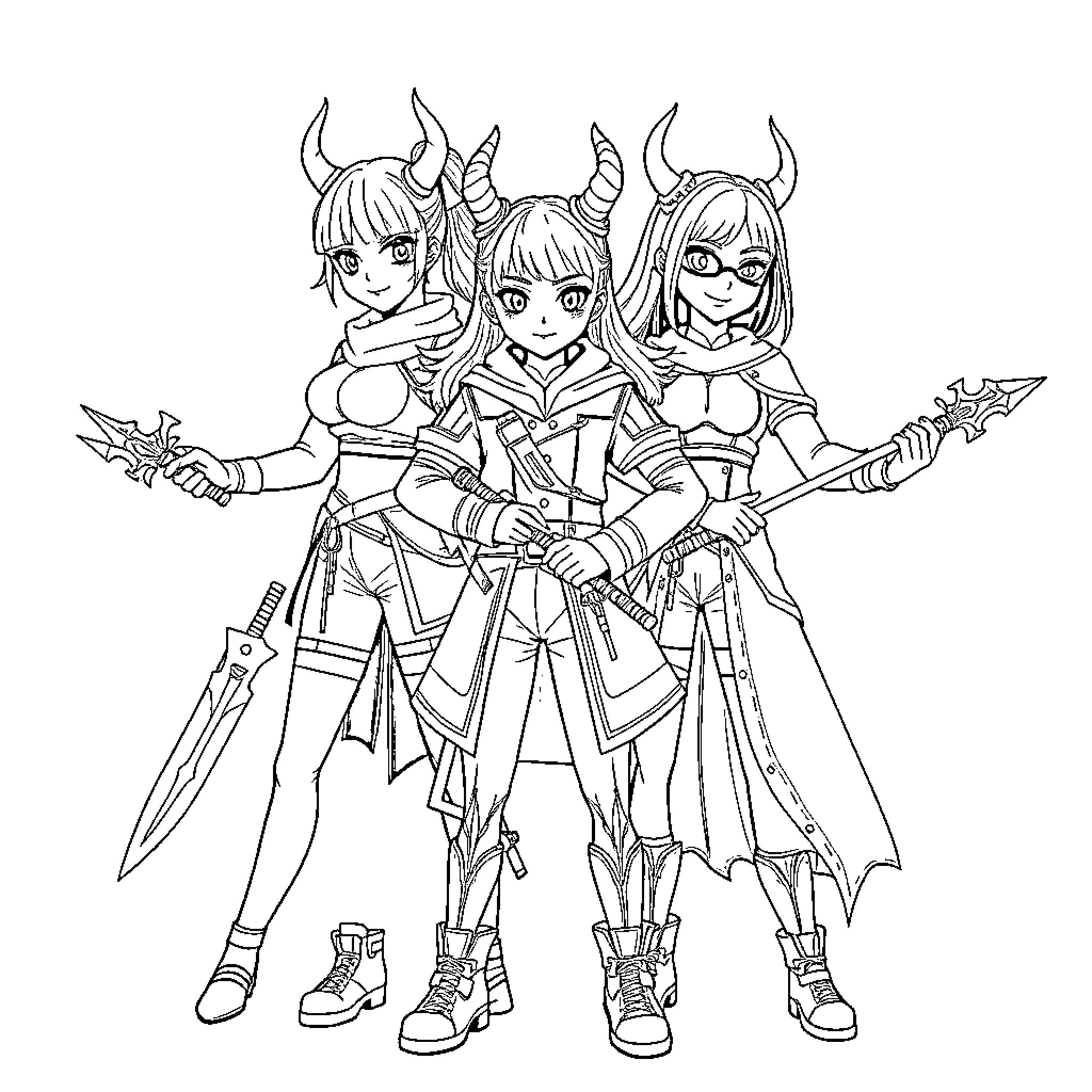 Girl warriors in fantasy outfits with weapons Coloring Page (free black-and-white line drawing printable PDF for all, from beginners to advanced learners, including children, teens, adults, and seniors)