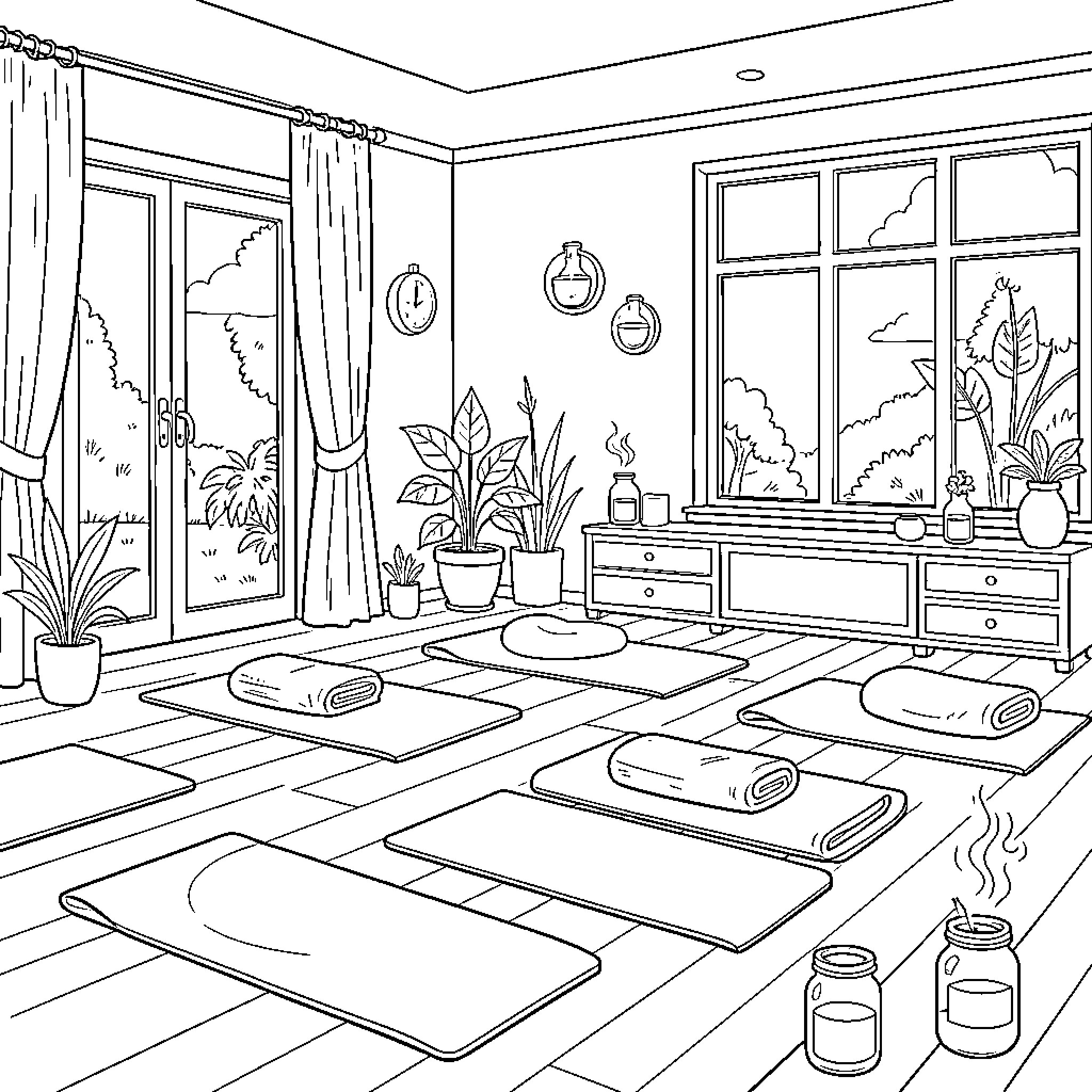 Yoga mats laid out in a peaceful sunlit room Coloring Page (free black-and-white line drawing printable PDF for all, from beginners to advanced learners, including children, teens, adults, and seniors)