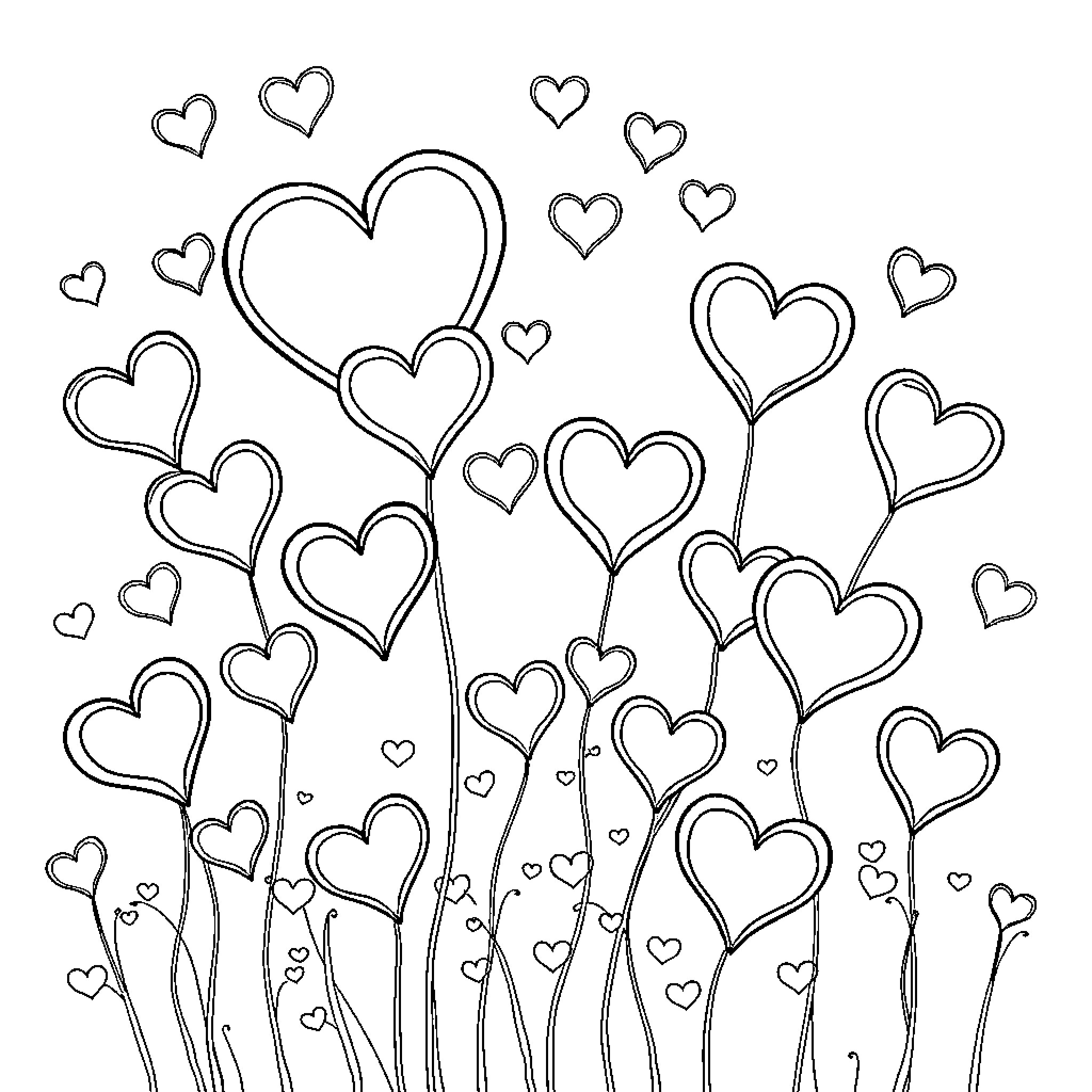 Heart Garden of Love and Affection Coloring Page (free black-and-white line drawing printable PDF for all, from beginners to advanced learners, including children, teens, adults, and seniors)