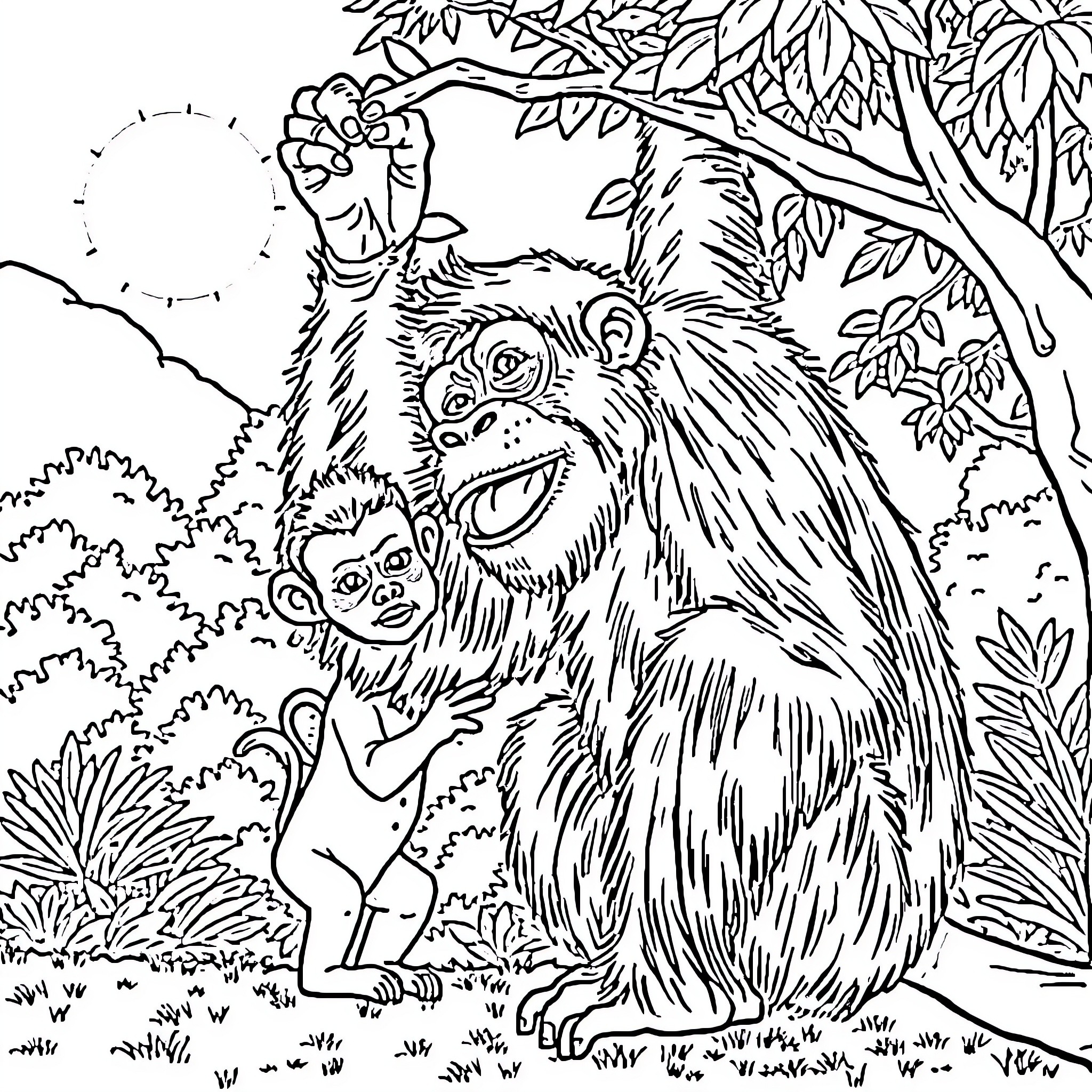 Orangutan holding baby in tropical forest Coloring Page (free black-and-white line drawing printable PDF for all, from beginners to advanced learners, including children, teens, adults, and seniors)