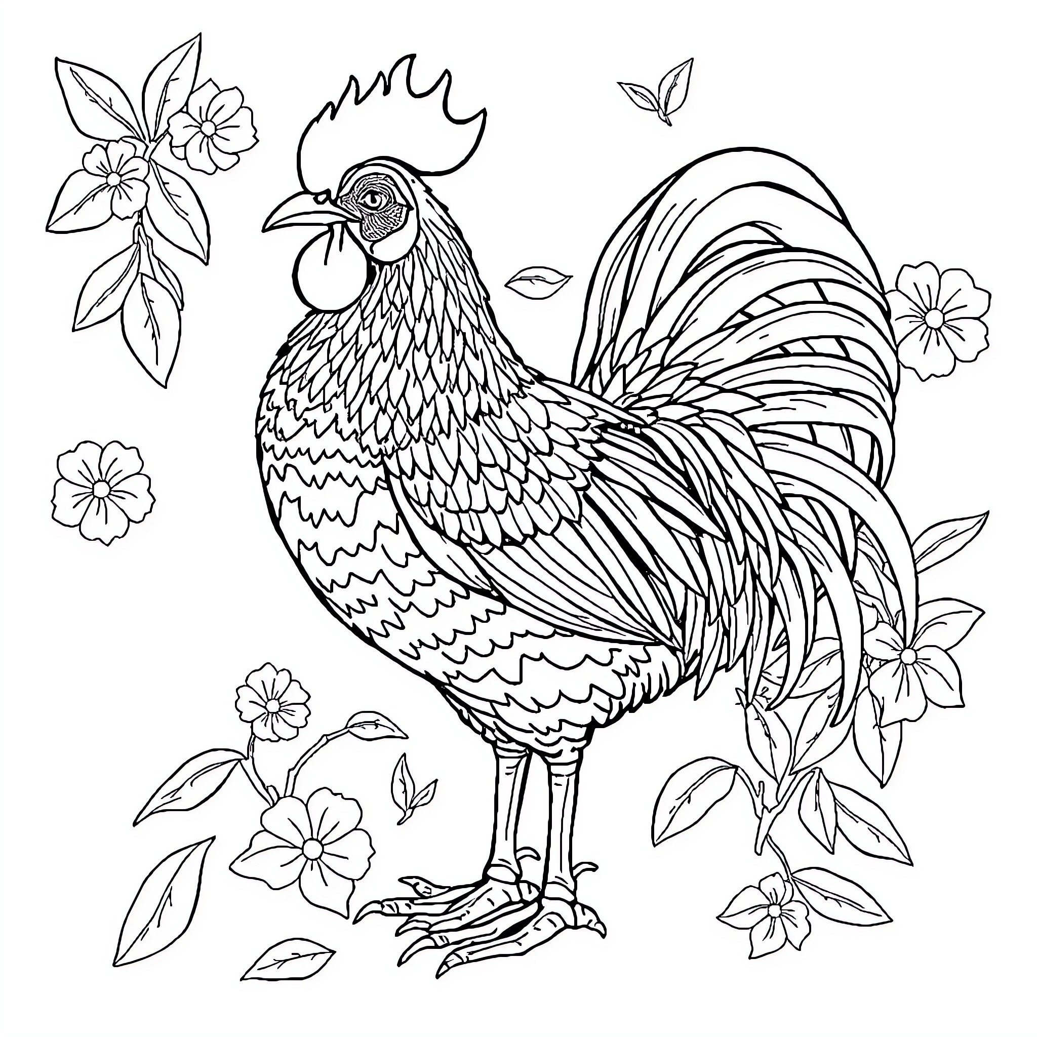 Duck proudly displaying its colorful plumage amidst blooming flowers Coloring Page (free black-and-white line drawing printable PDF for all, from beginners to advanced learners, including children, teens, adults, and seniors)