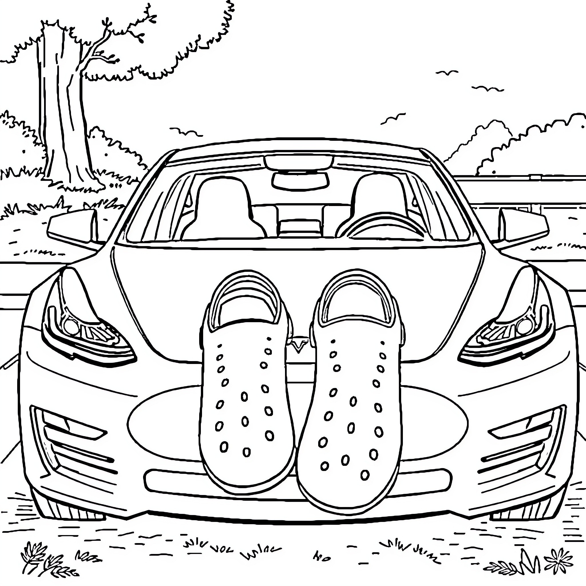 Tesla Model S showcased in outdoor nature setting Coloring Page (free black-and-white line drawing printable PDF for all, from beginners to advanced learners, including children, teens, adults, and seniors)