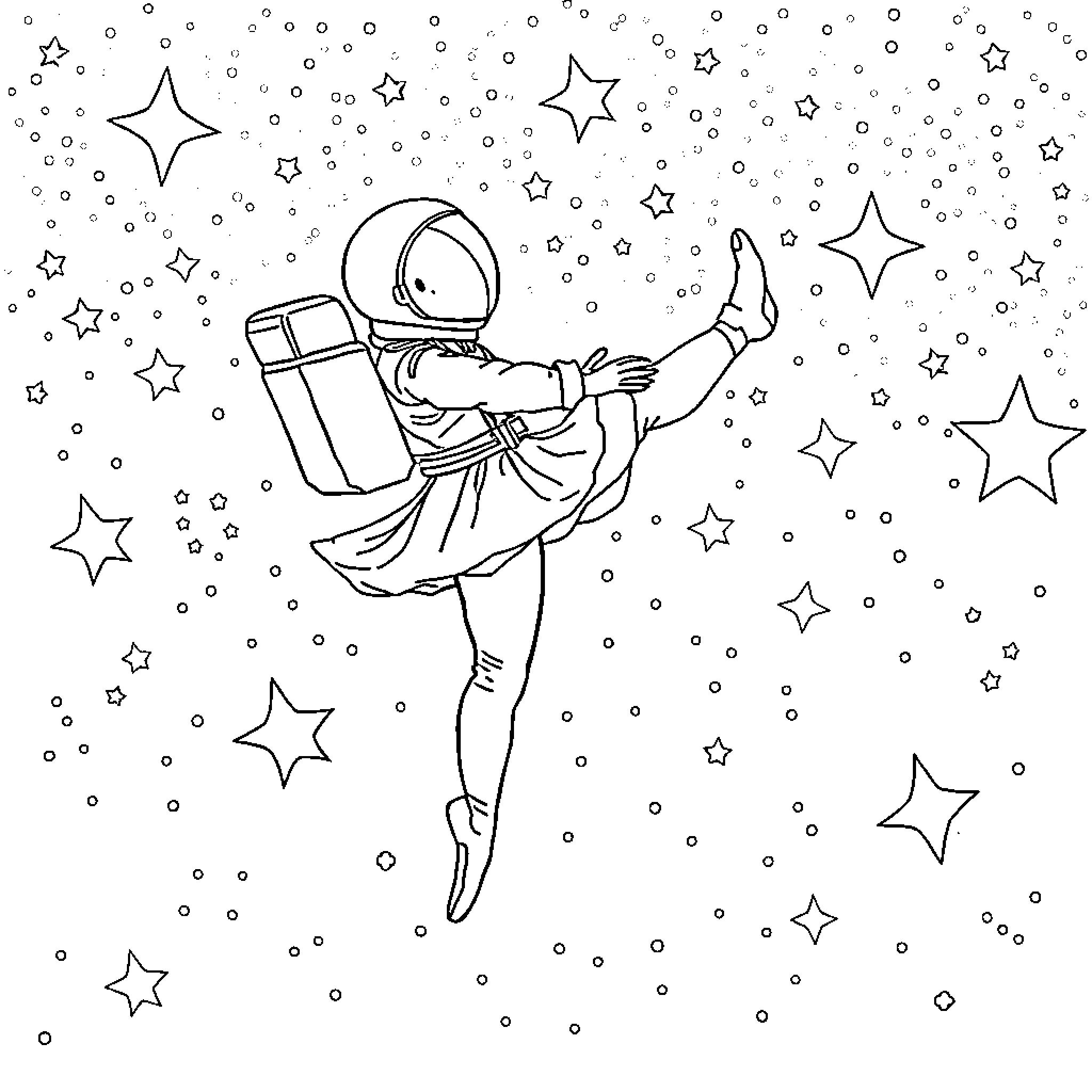 Ballerina dancing among the stars Coloring Page (free black-and-white line drawing printable PDF for all, from beginners to advanced learners, including children, teens, adults, and seniors)