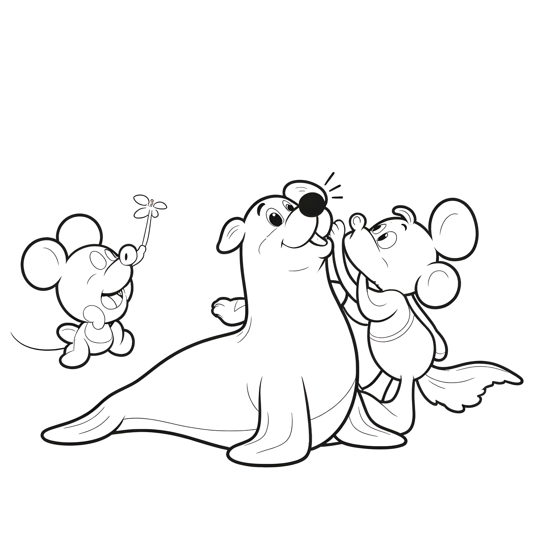 Seal family playing joyfully together Coloring Page (free black-and-white line drawing printable PDF for all, from beginners to advanced learners, including children, teens, adults, and seniors)