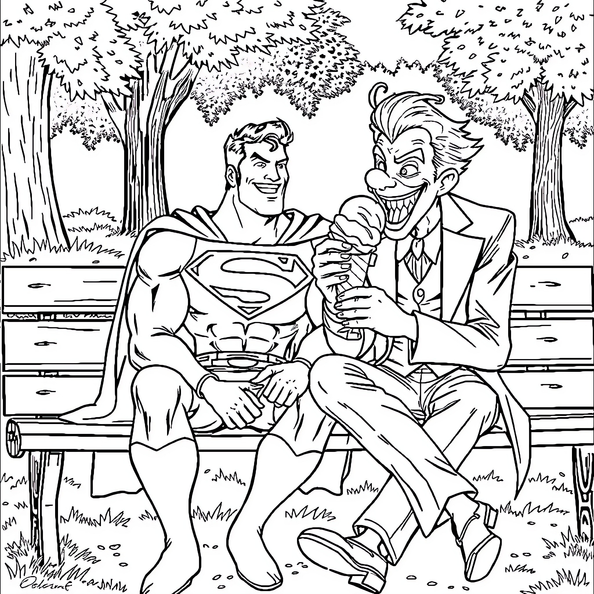 Superman and the Joker enjoying a pleasant conversation Coloring Page (free black-and-white line drawing printable PDF for all, from beginners to advanced learners, including children, teens, adults, and seniors)