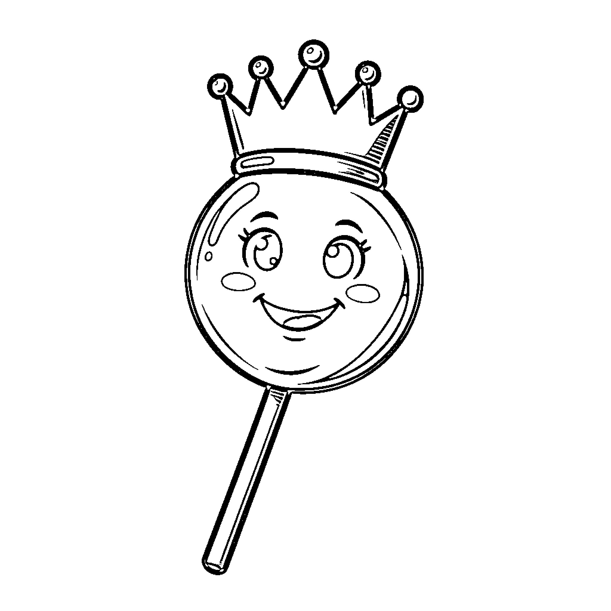 Lollipop wearing a crown and smiling happily Coloring Page (free black-and-white line drawing printable PDF for all, from beginners to advanced learners, including children, teens, adults, and seniors)