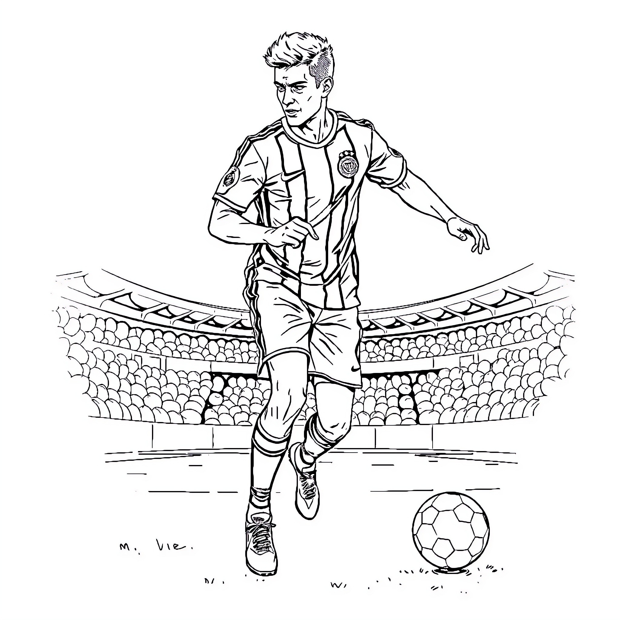 Soccer Player Dribbling the Ball on the Field Coloring Page (free black-and-white line drawing printable PDF for all, from beginners to advanced learners, including children, teens, adults, and seniors)