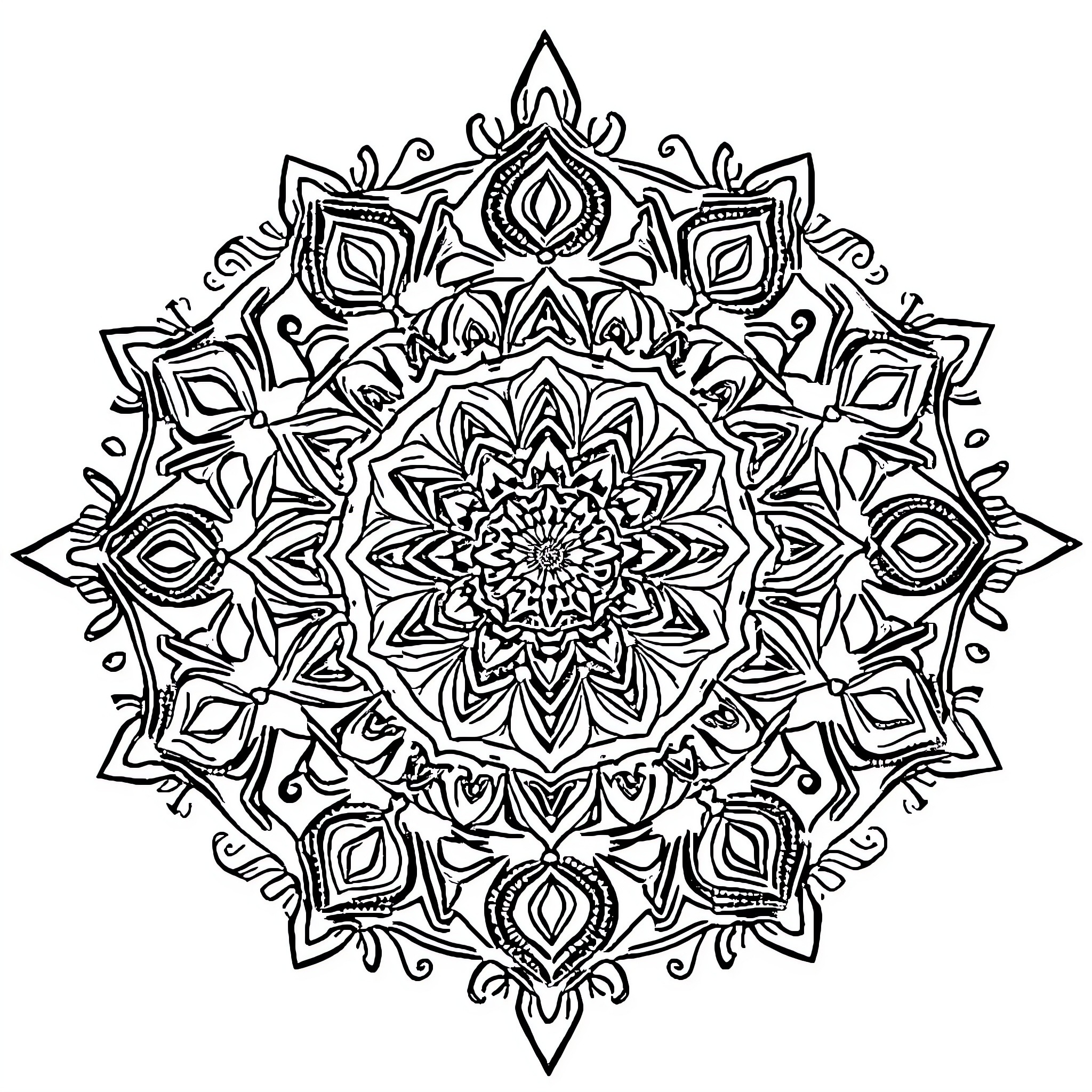 Mandala of Intricate Floral Patterns Coloring Page (free black-and-white line drawing printable PDF for all, from beginners to advanced learners, including children, teens, adults, and seniors)