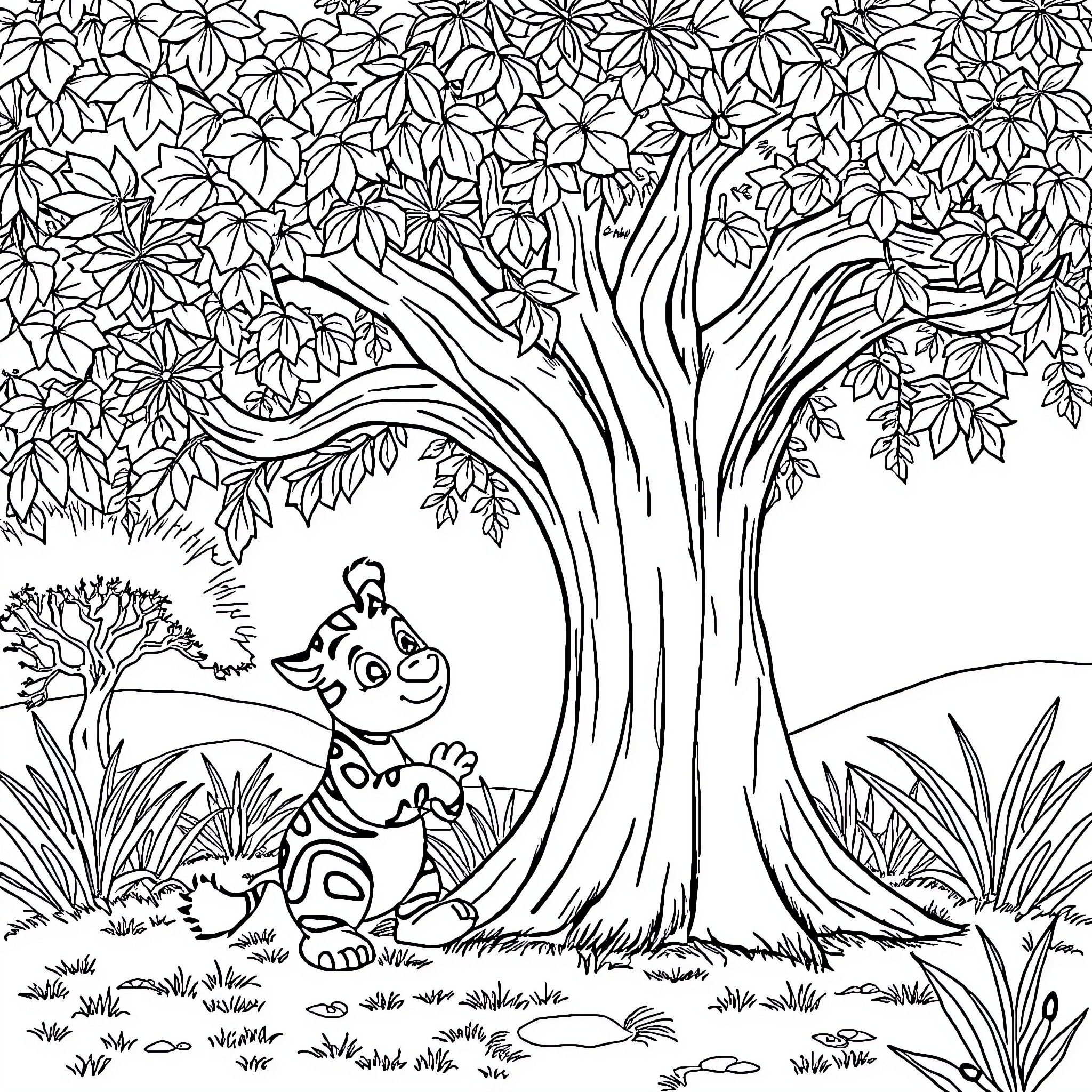 Bumba's Whimsical Forest Adventure Coloring Page (free black-and-white line drawing printable PDF for all, from beginners to advanced learners, including children, teens, adults, and seniors)