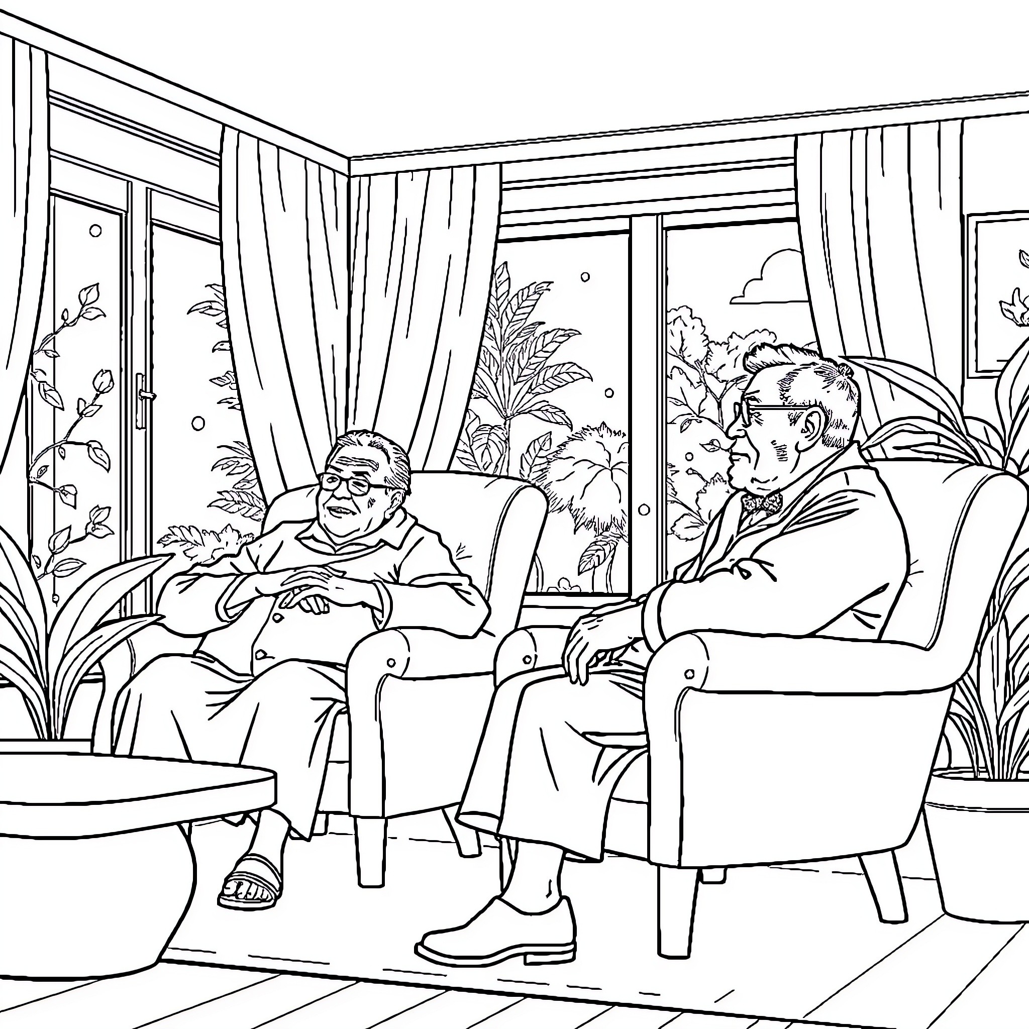 Abuelo's Cozy Conversation Coloring Page (free black-and-white line drawing printable PDF for all, from beginners to advanced learners, including children, teens, adults, and seniors)