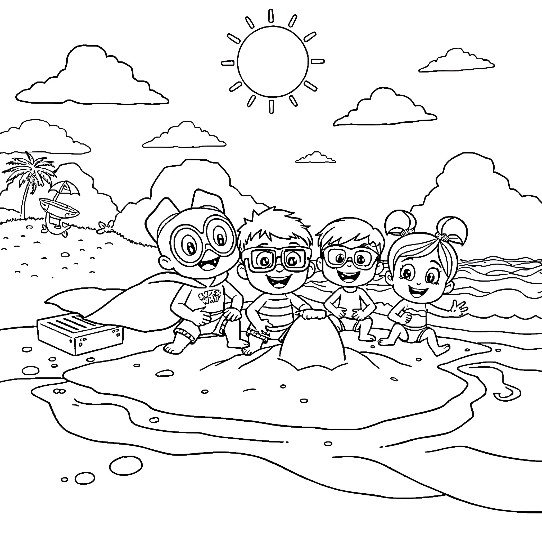 Super Why characters exploring the beach Coloring Page (free black-and-white line drawing printable PDF for all, from beginners to advanced learners, including children, teens, adults, and seniors)