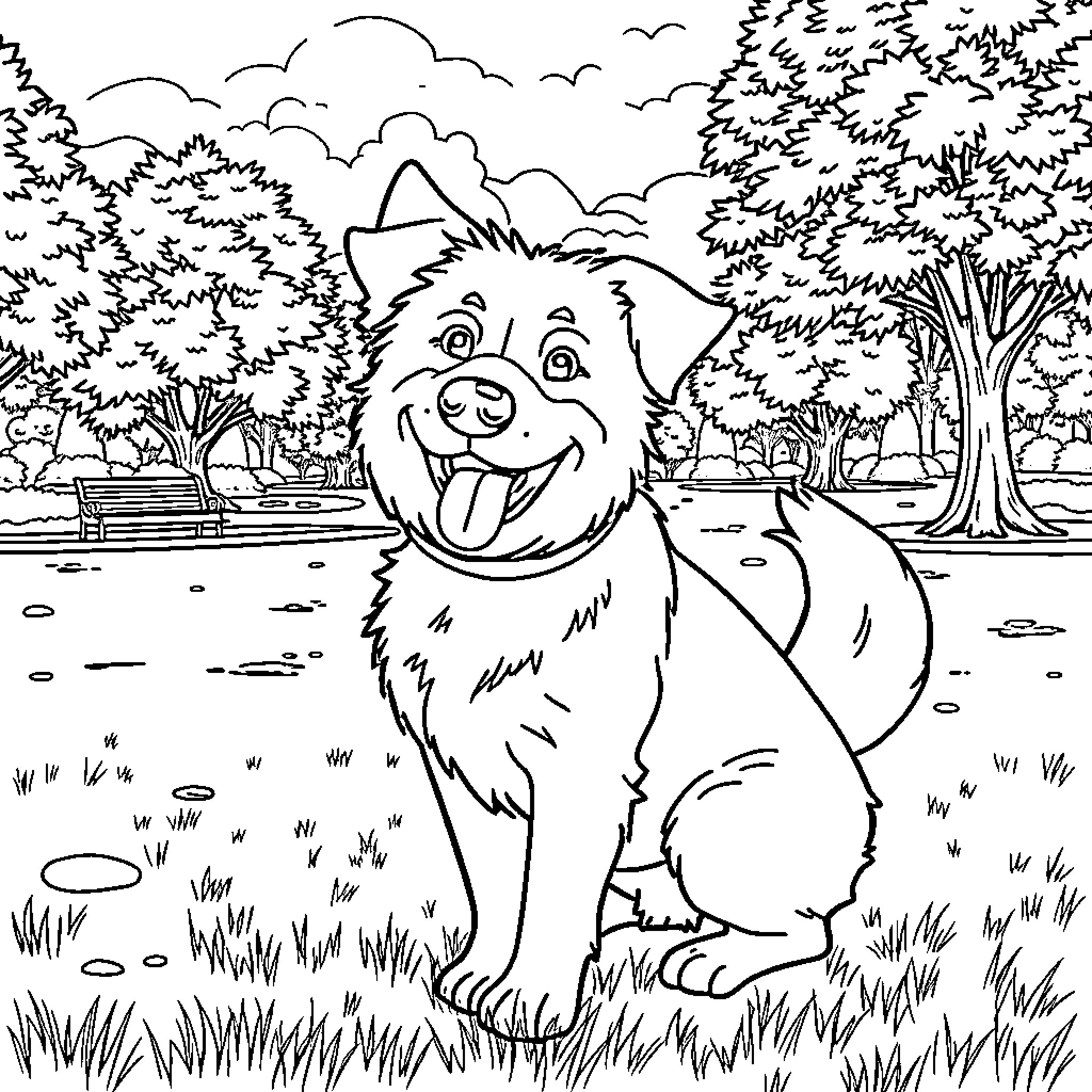 Dog enjoying a sunny day in the park Coloring Page (free black-and-white line drawing printable PDF for all, from beginners to advanced learners, including children, teens, adults, and seniors)