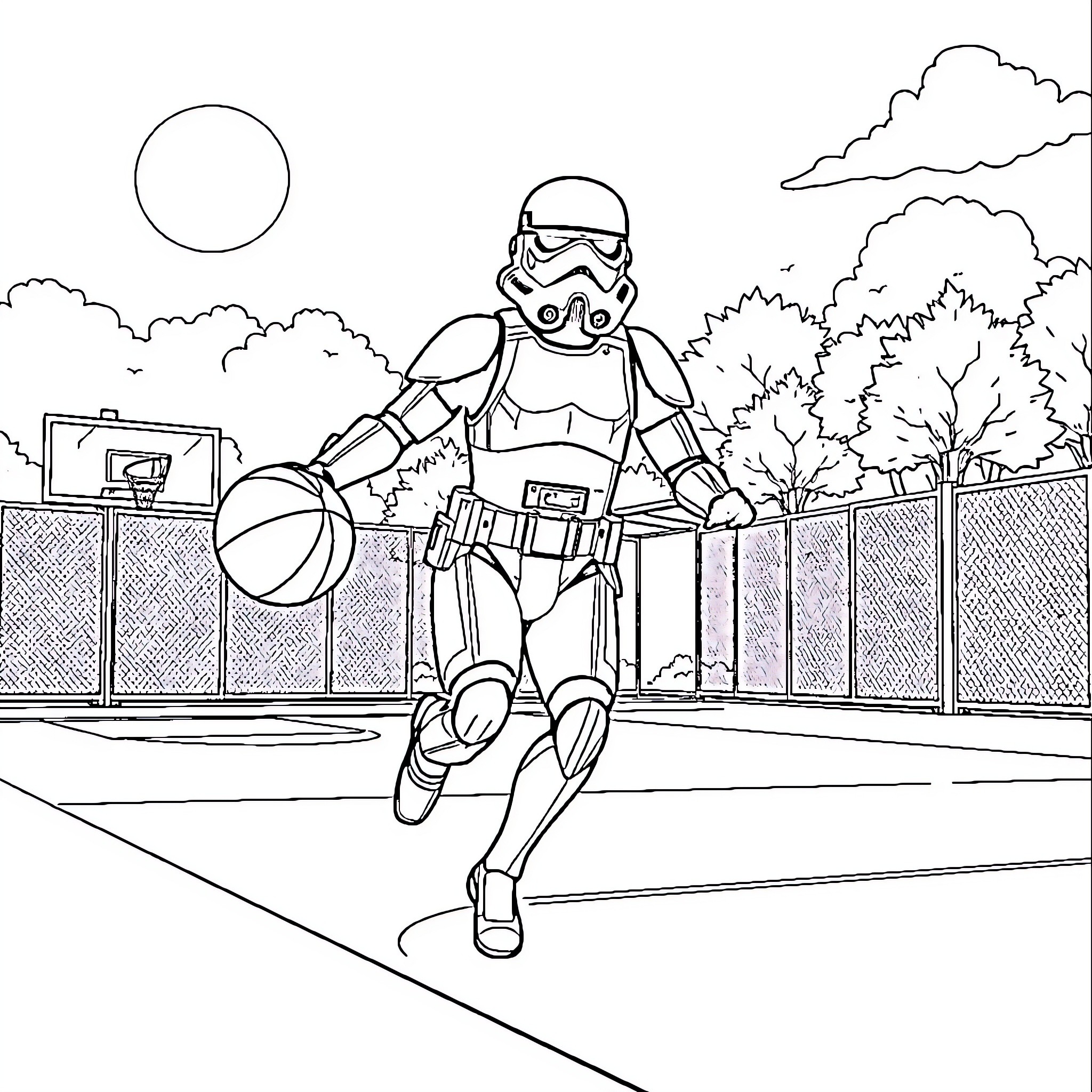 Stormtrooper playing basketball on a court Coloring Page (free black-and-white line drawing printable PDF for all, from beginners to advanced learners, including children, teens, adults, and seniors)