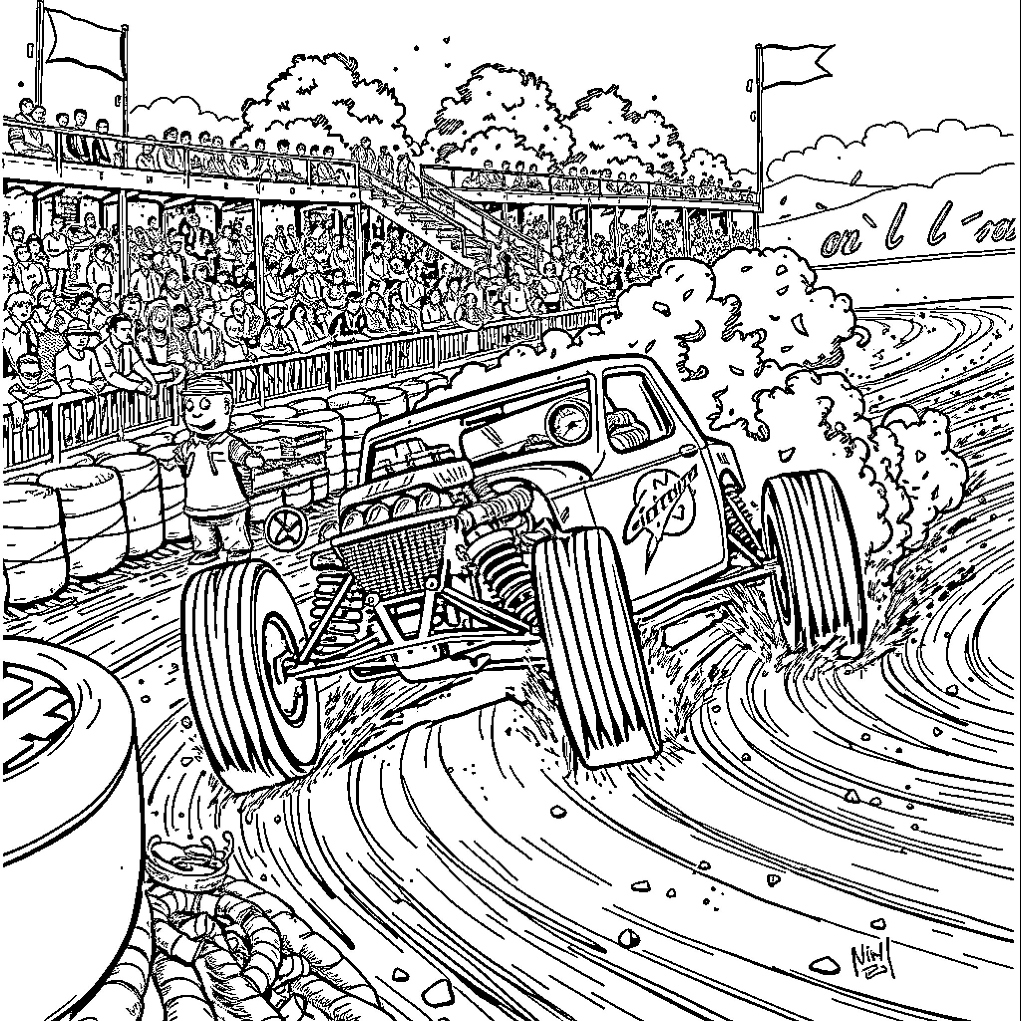 Destruction Derby: Chaotic Racers in High-Speed Clash Coloring Page (free black-and-white line drawing printable PDF for all, from beginners to advanced learners, including children, teens, adults, and seniors)