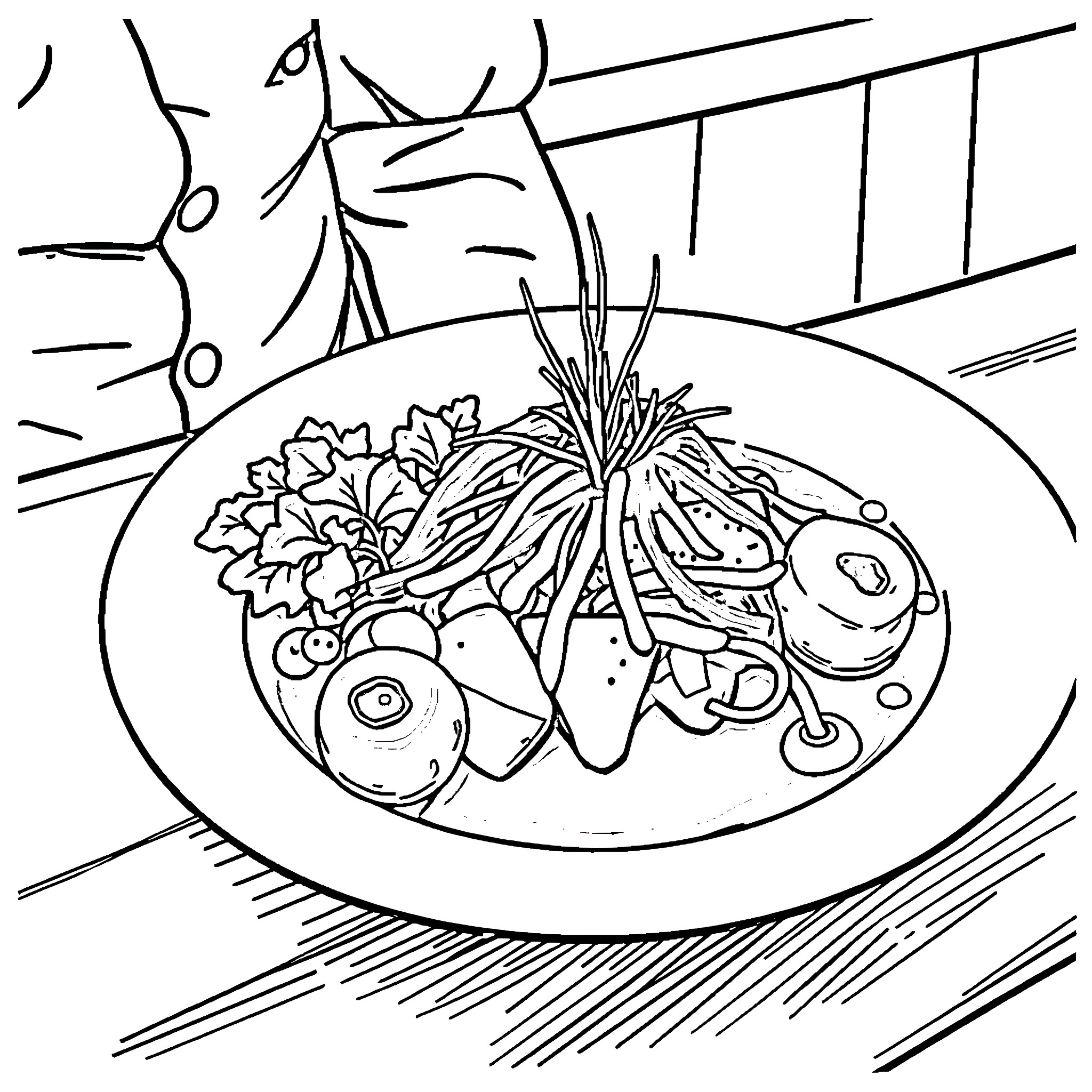 Chef preparing a delectable dish Coloring Page (free black-and-white line drawing printable PDF for all, from beginners to advanced learners, including children, teens, adults, and seniors)