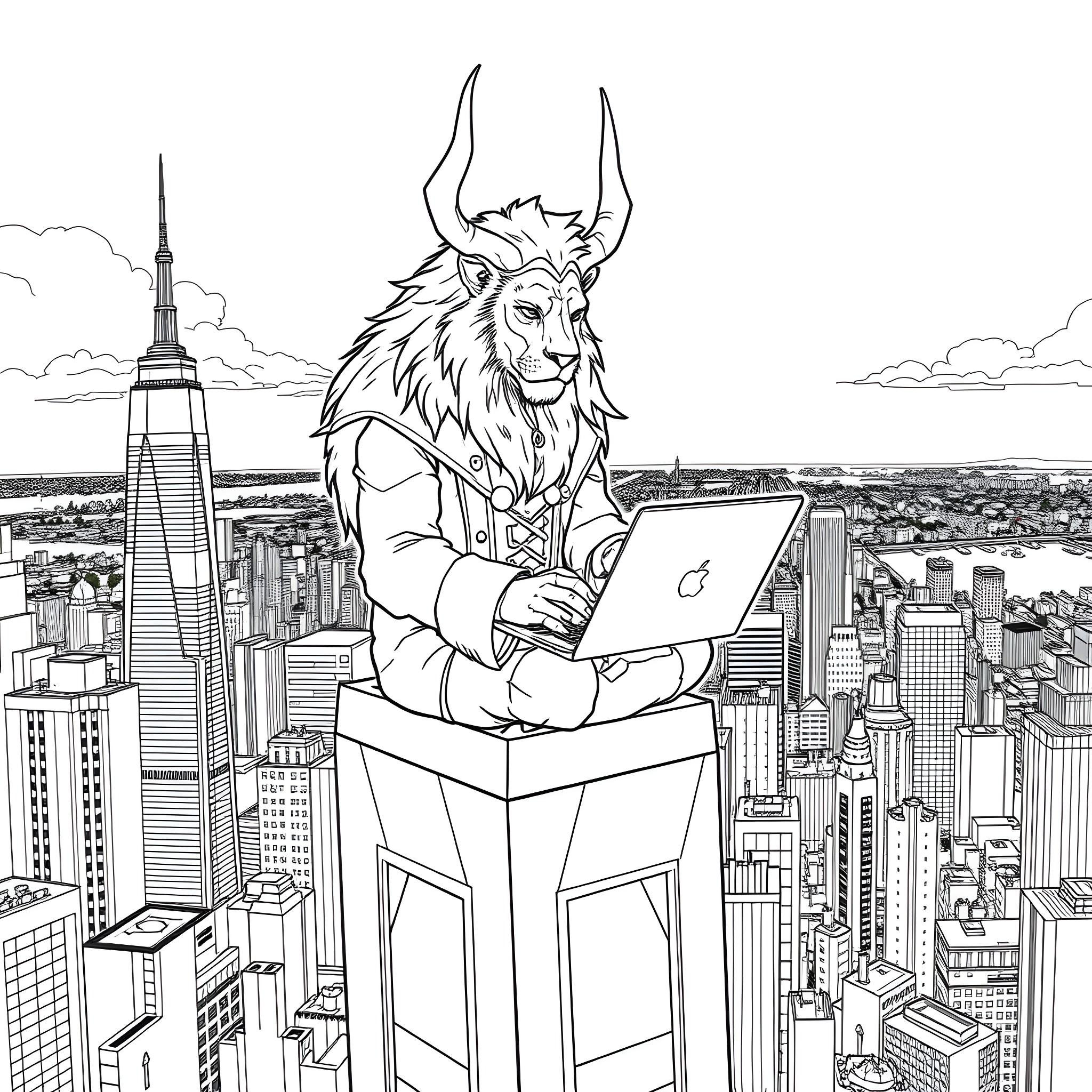 Loki overlooking the city skyline on a laptop Coloring Page (free black-and-white line drawing printable PDF for all, from beginners to advanced learners, including children, teens, adults, and seniors)