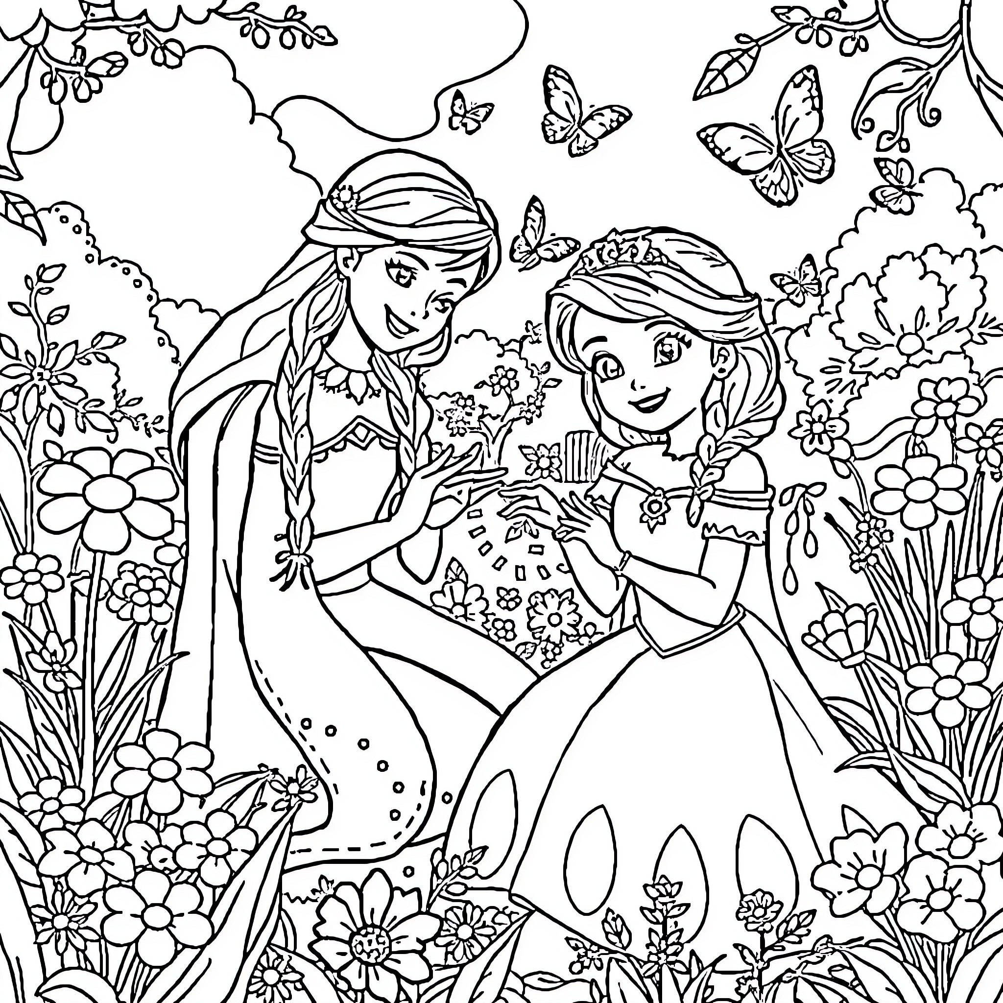 Princess Sisters Enjoying Nature's Beauty Coloring Page (free black-and-white line drawing printable PDF for all, from beginners to advanced learners, including children, teens, adults, and seniors)