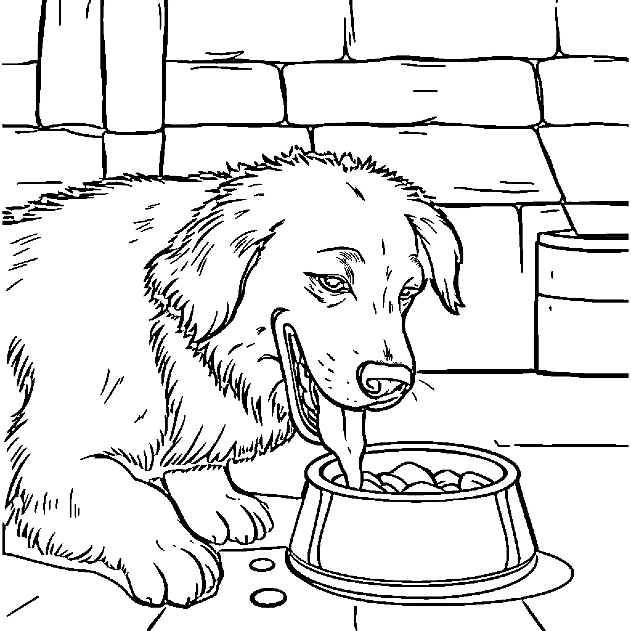 Dog eagerly eating from its food bowl Coloring Page (free black-and-white line drawing printable PDF for all, from beginners to advanced learners, including children, teens, adults, and seniors)