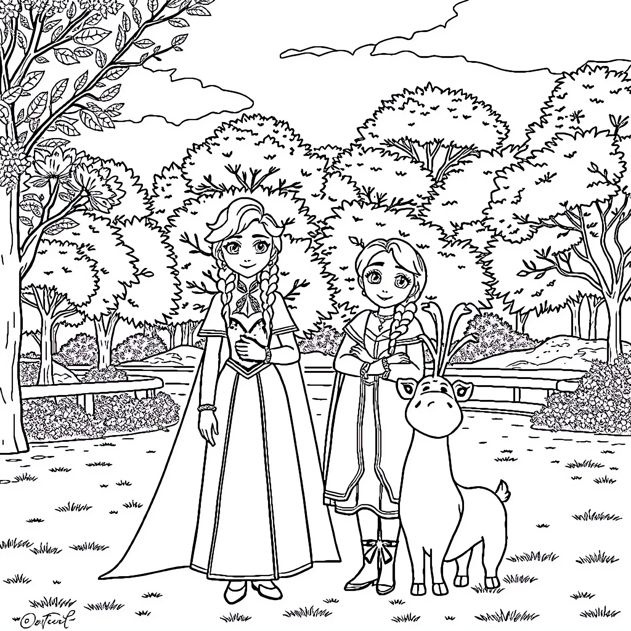 Elsa and Anna explore the enchanted forest with Olaf Coloring Page (free black-and-white line drawing printable PDF for all, from beginners to advanced learners, including children, teens, adults, and seniors)