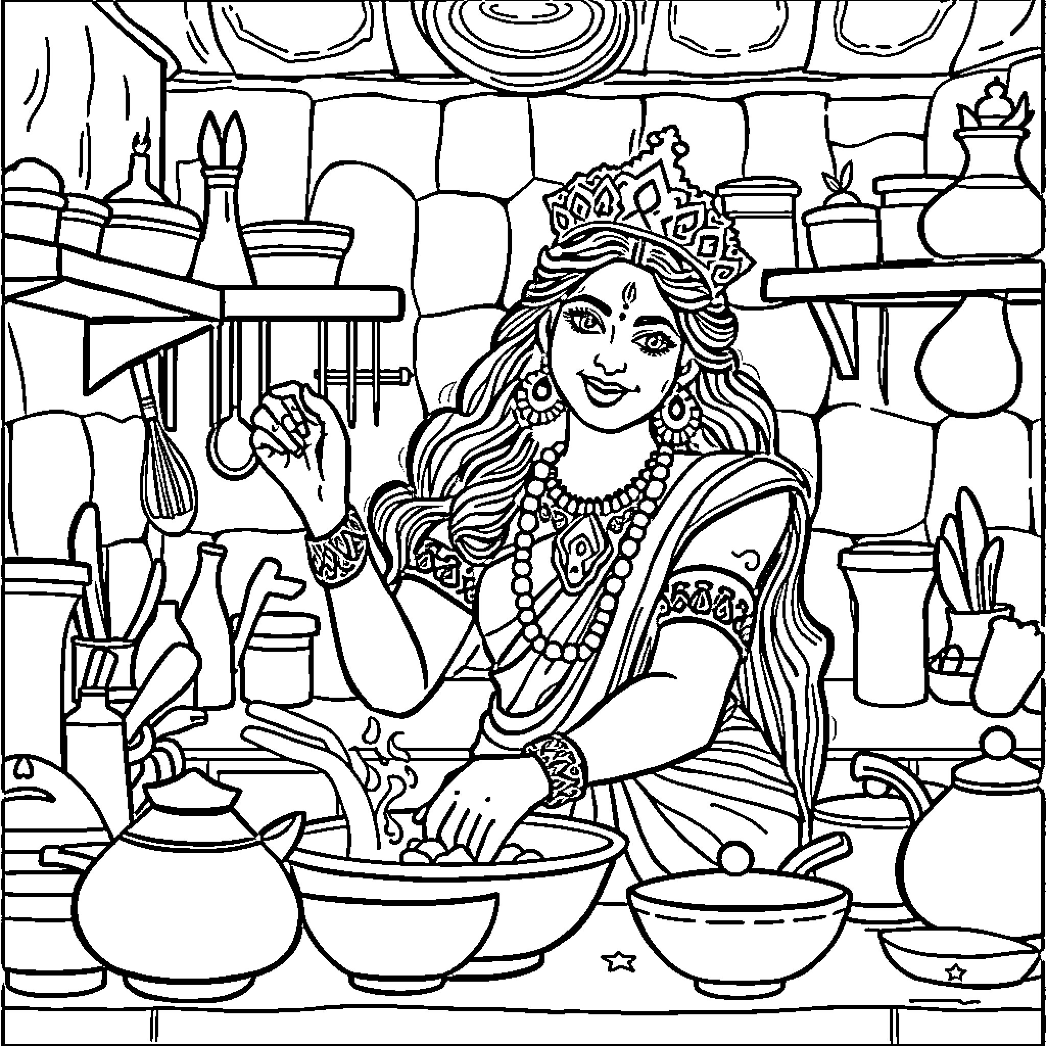 Ma Durga Cooking Delicacies in the Kitchen Coloring Page (free black-and-white line drawing printable PDF for all, from beginners to advanced learners, including children, teens, adults, and seniors)