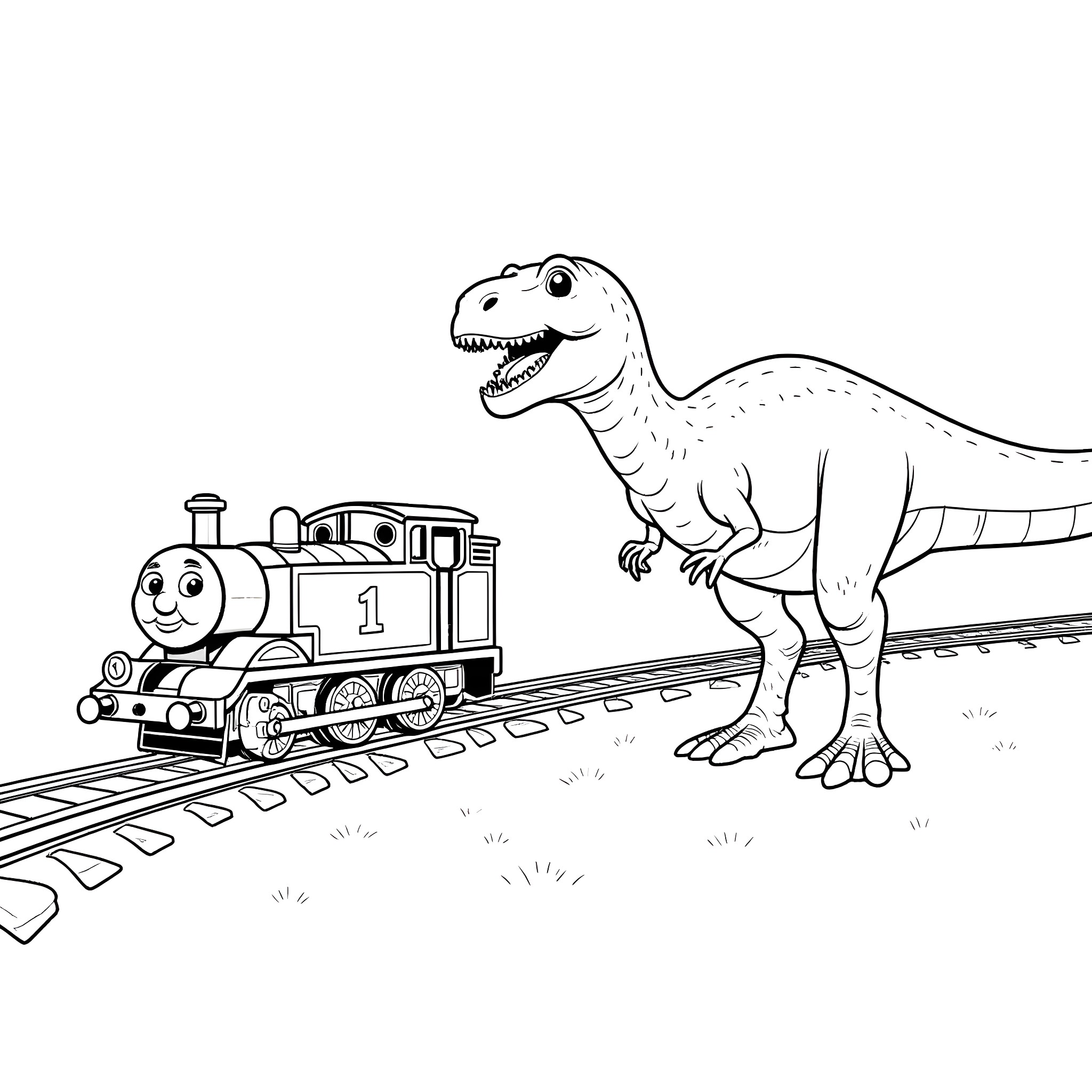 Thomas the Train meets a friendly Dinosaur Coloring Page (free black-and-white line drawing printable PDF for all, from beginners to advanced learners, including children, teens, adults, and seniors)