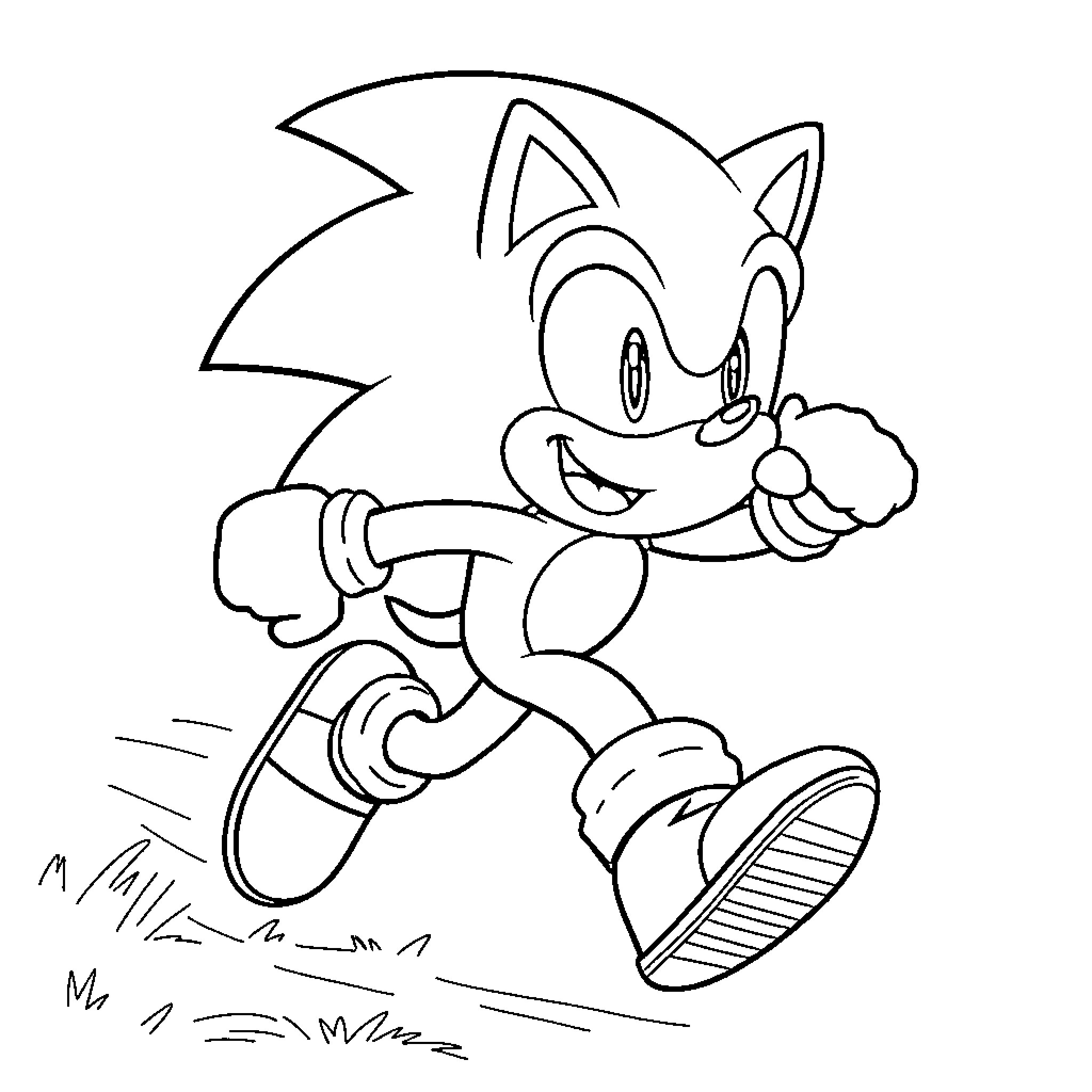 Sonic running with a happy expression Coloring Page (free black-and-white line drawing printable PDF for all, from beginners to advanced learners, including children, teens, adults, and seniors)