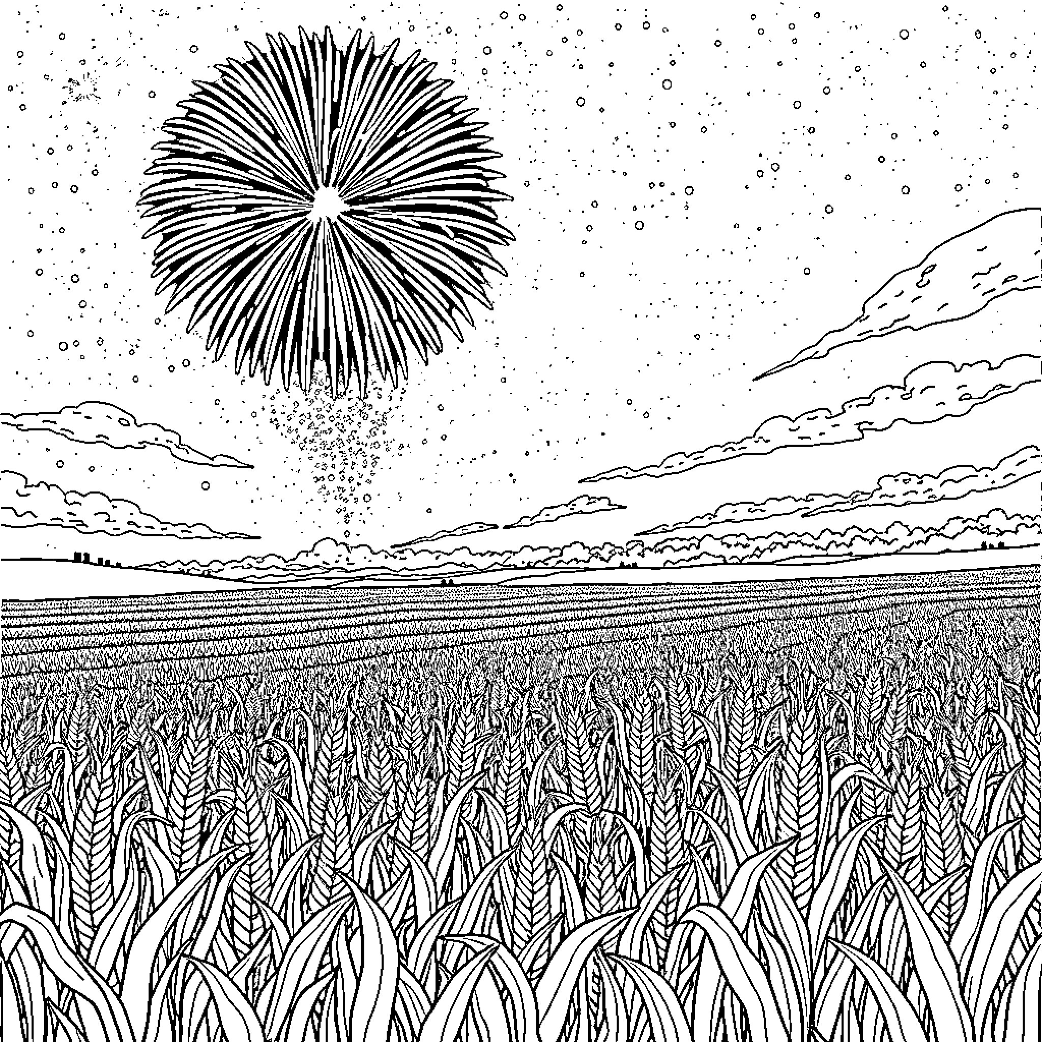 Firework display over a rural field Coloring Page (free black-and-white line drawing printable PDF for all, from beginners to advanced learners, including children, teens, adults, and seniors)