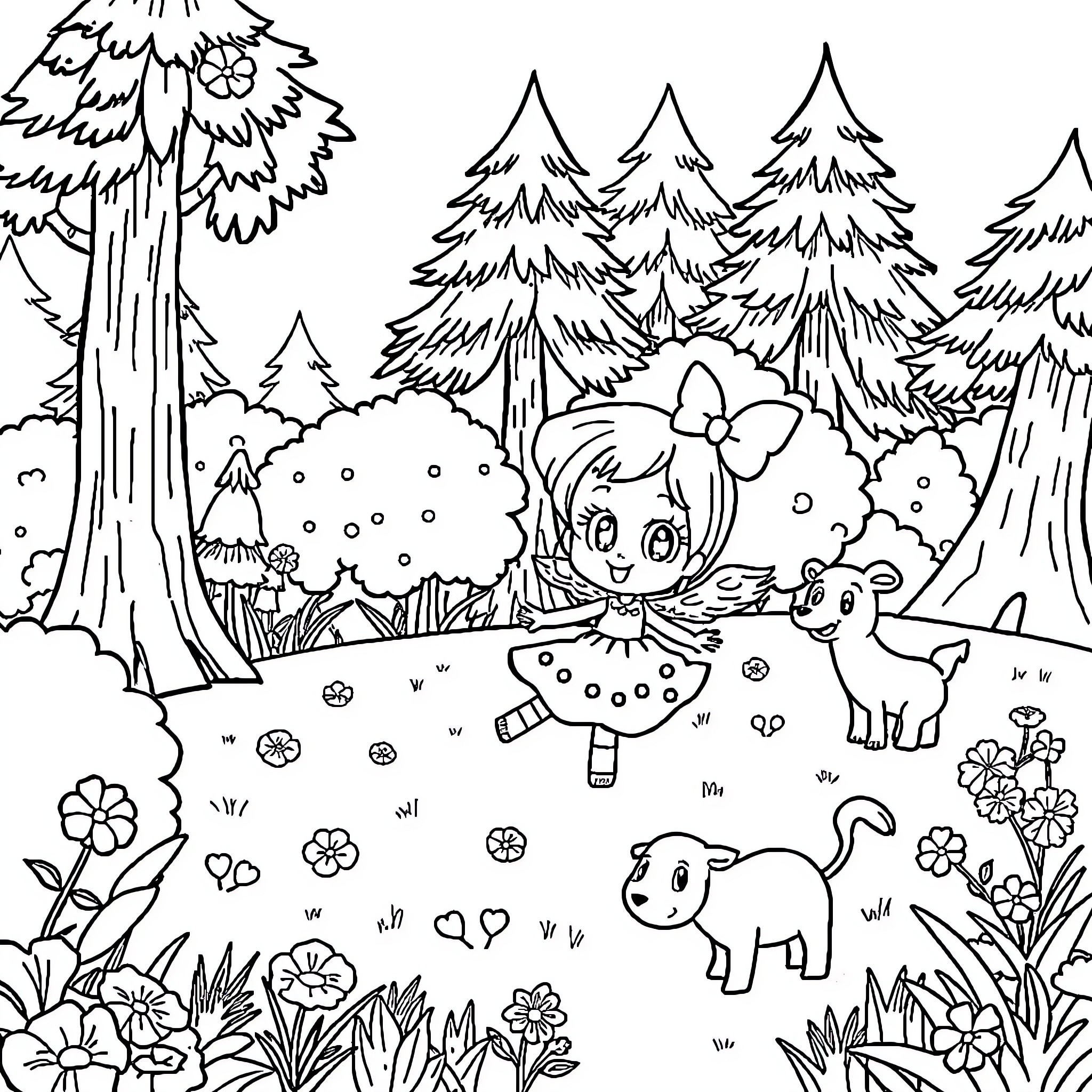 Frutillita's enchanting forest adventure Coloring Page (free black-and-white line drawing printable PDF for all, from beginners to advanced learners, including children, teens, adults, and seniors)