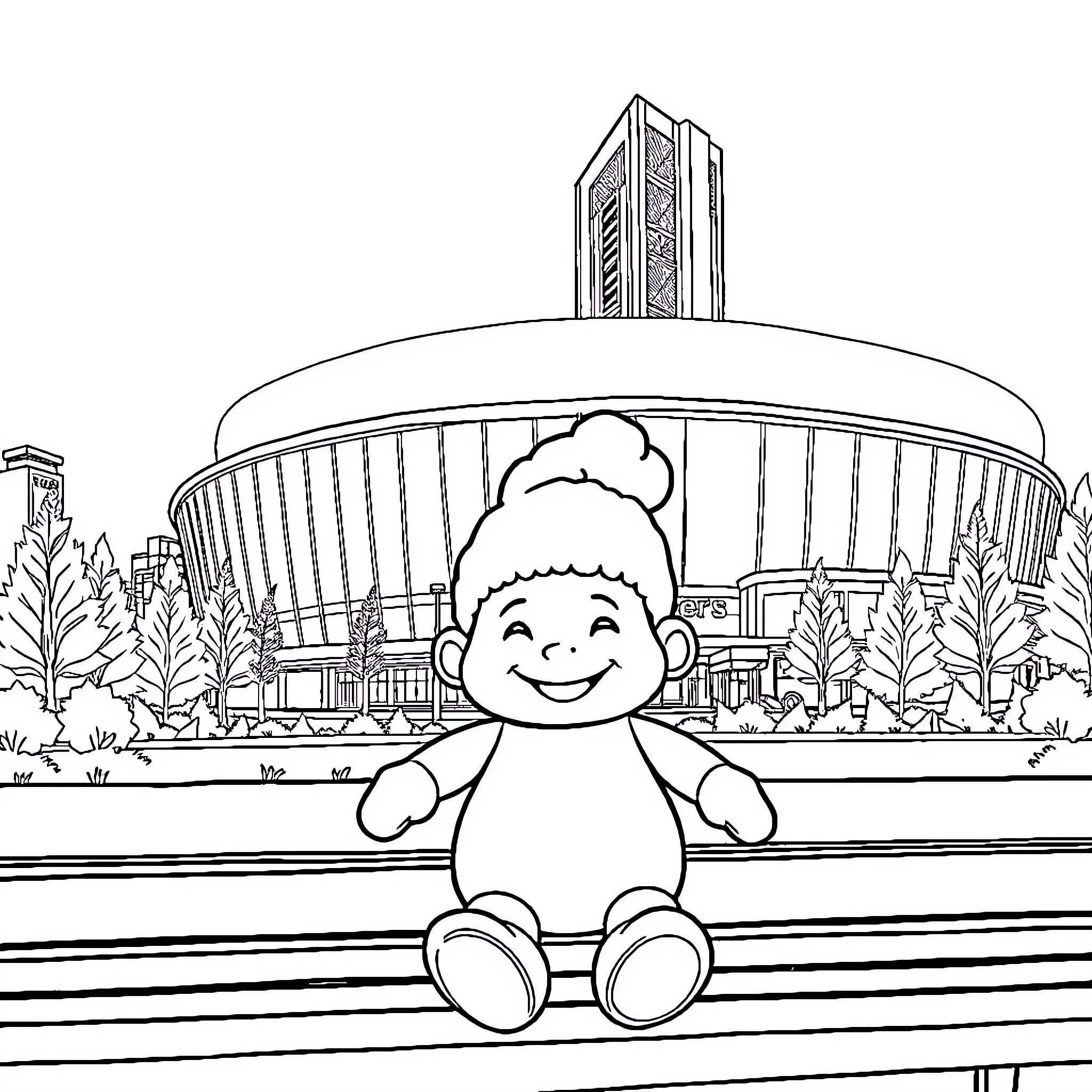 Labubu enjoying the scenery at the modern city Coloring Page (free black-and-white line drawing printable PDF for all, from beginners to advanced learners, including children, teens, adults, and seniors)