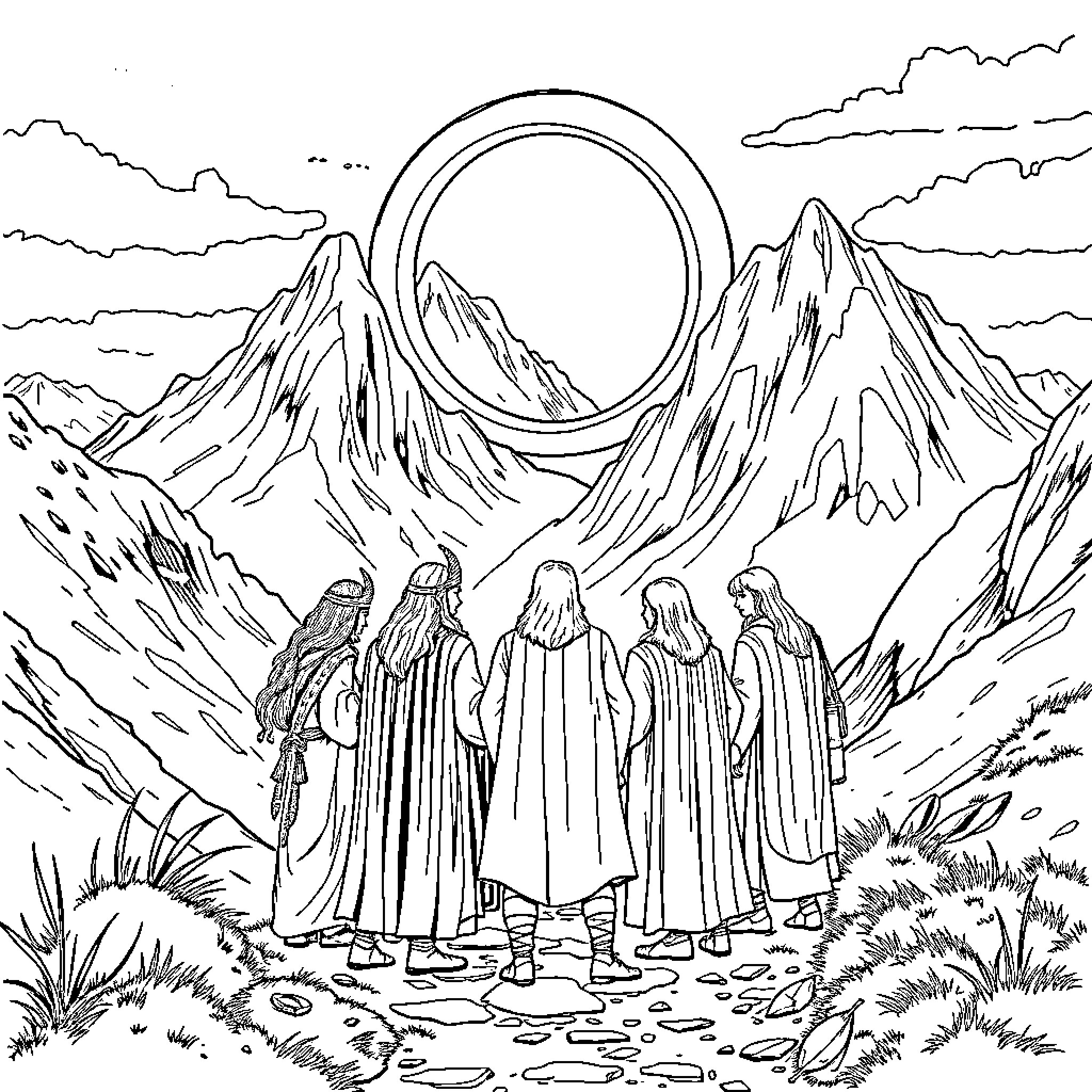 Fellowship of Travelers Journeying Through the Mountains Coloring Page (free black-and-white line drawing printable PDF for all, from beginners to advanced learners, including children, teens, adults, and seniors)