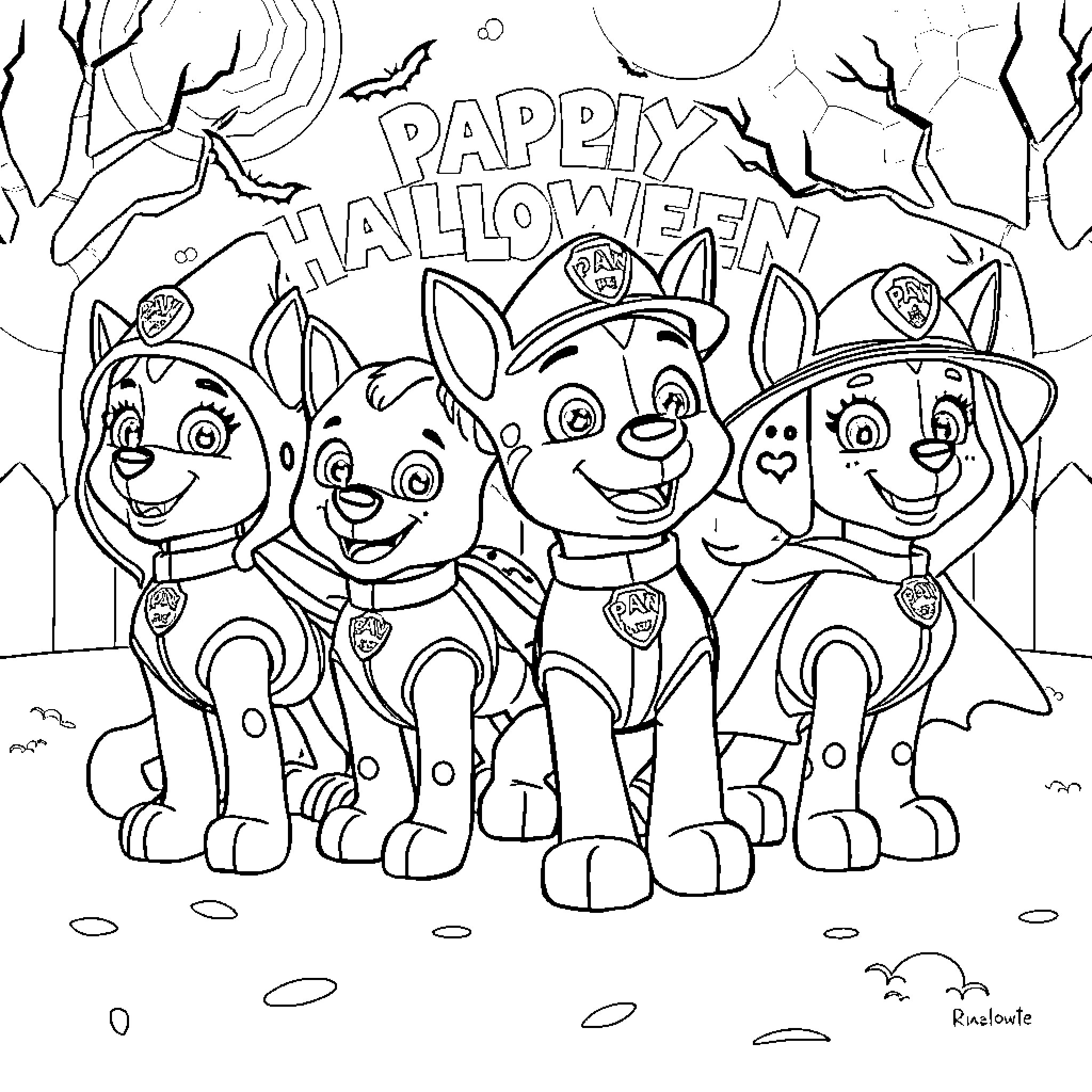 Paw Patrol characters celebrate Halloween Coloring Page (free black-and-white line drawing printable PDF for all, from beginners to advanced learners, including children, teens, adults, and seniors)