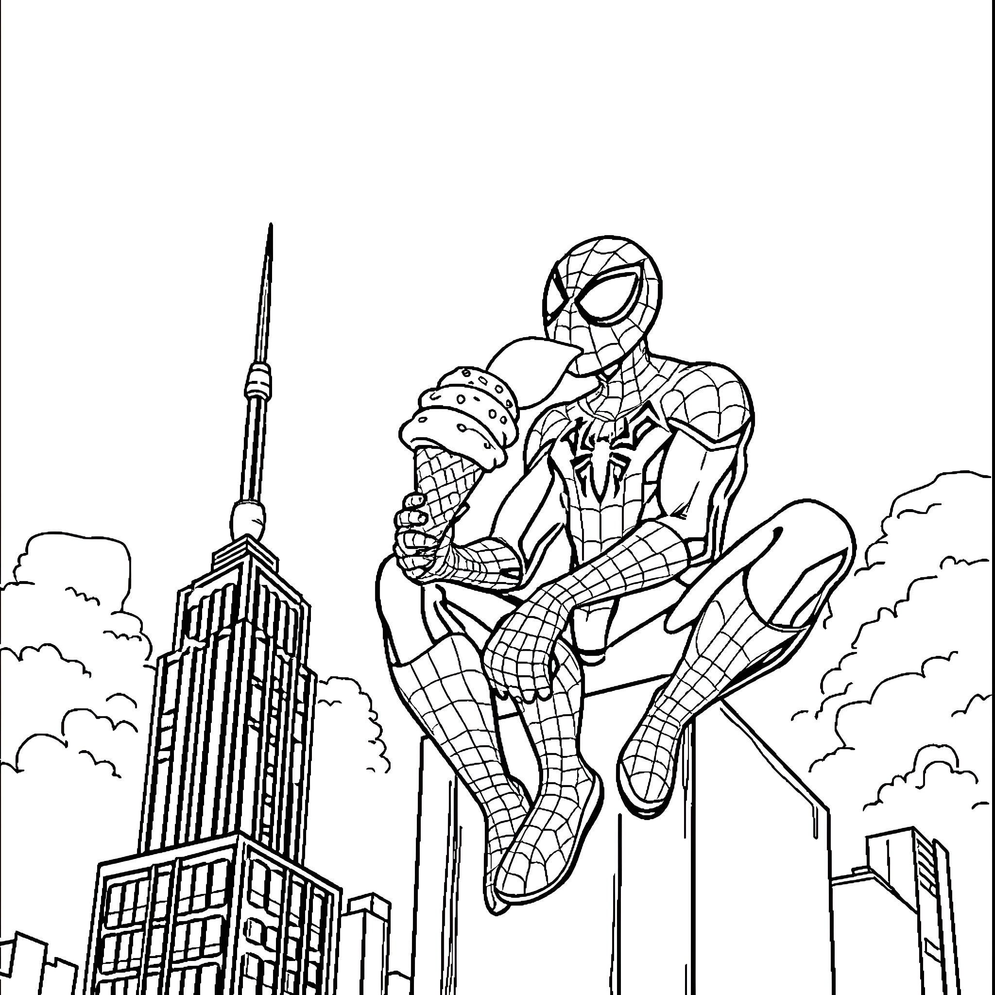 Spiderman swinging through the city skyline Coloring Page (free black-and-white line drawing printable PDF for all, from beginners to advanced learners, including children, teens, adults, and seniors)