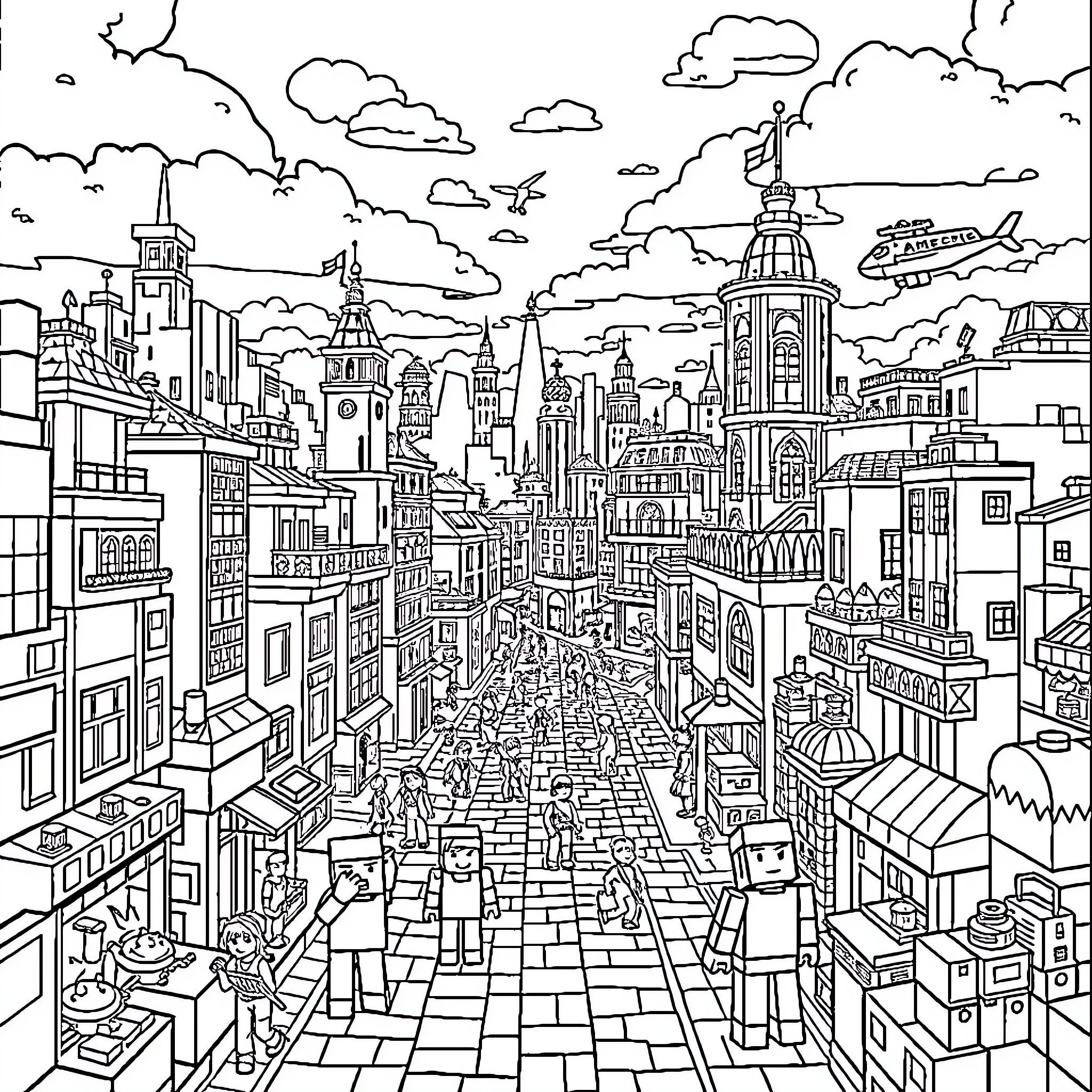 Minecraft city with bustling activity and structures Coloring Page (free black-and-white line drawing printable PDF for all, from beginners to advanced learners, including children, teens, adults, and seniors)