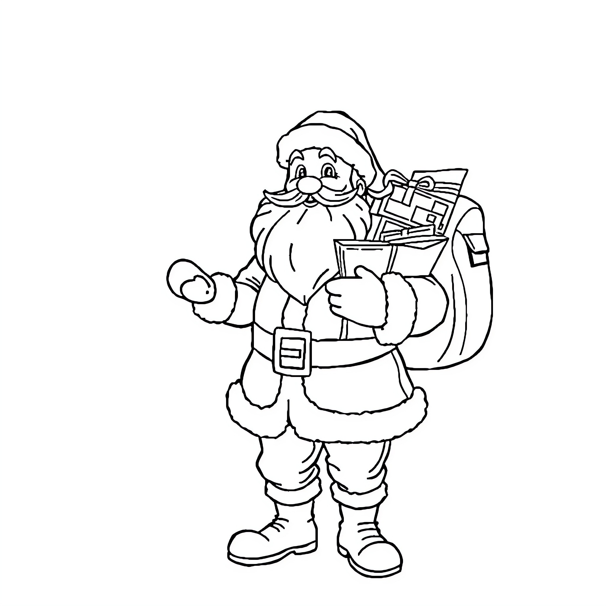 Santa Claus Carrying Gifts and Bag Coloring Page (free black-and-white line drawing printable PDF for all, from beginners to advanced learners, including children, teens, adults, and seniors)