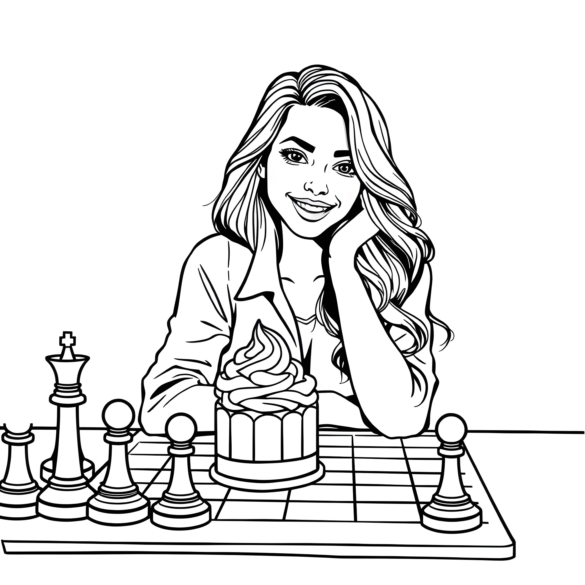 Chess Player Enjoying a Cake Break Coloring Page (free black-and-white line drawing printable PDF for all, from beginners to advanced learners, including children, teens, adults, and seniors)