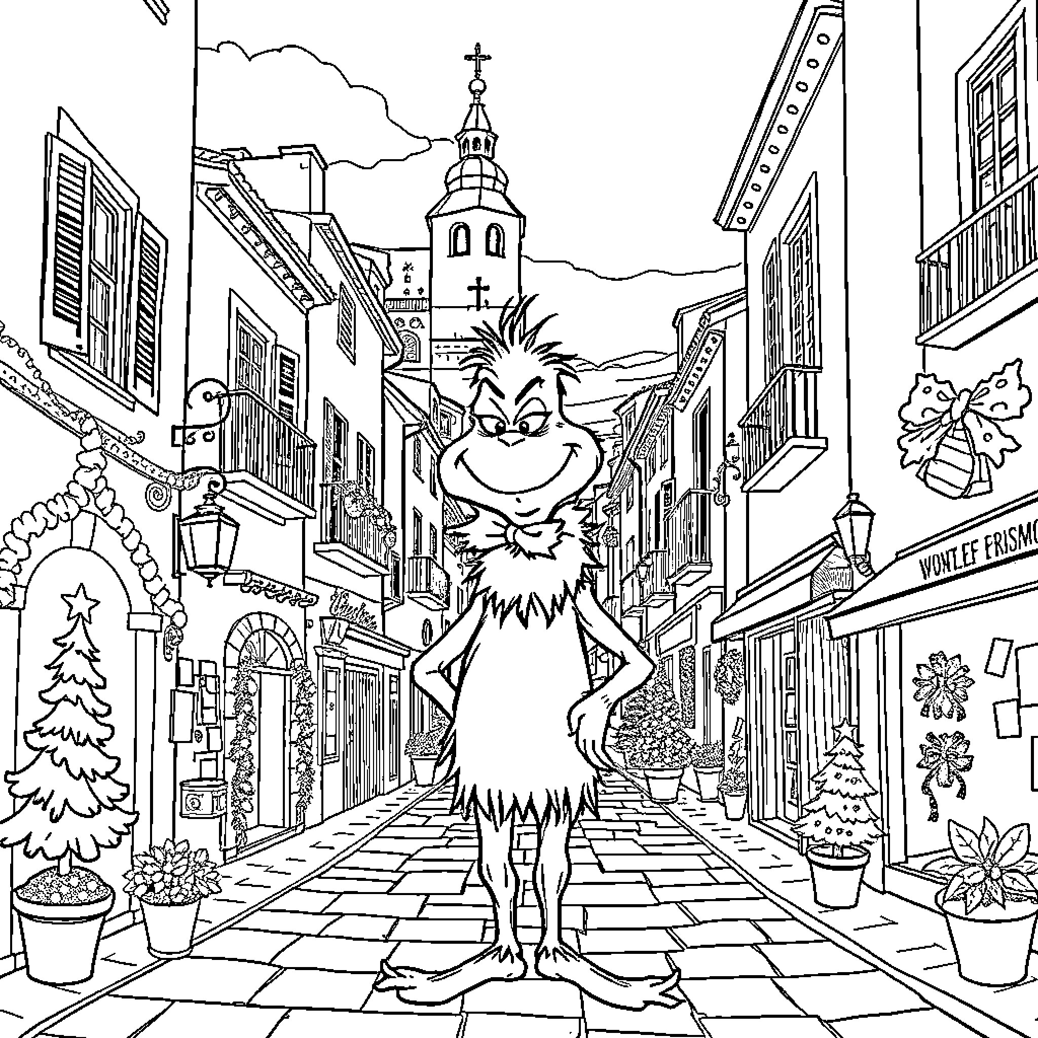 Grinch mischievously roaming the streets of a festive town Coloring Page (free black-and-white line drawing printable PDF for all, from beginners to advanced learners, including children, teens, adults, and seniors)