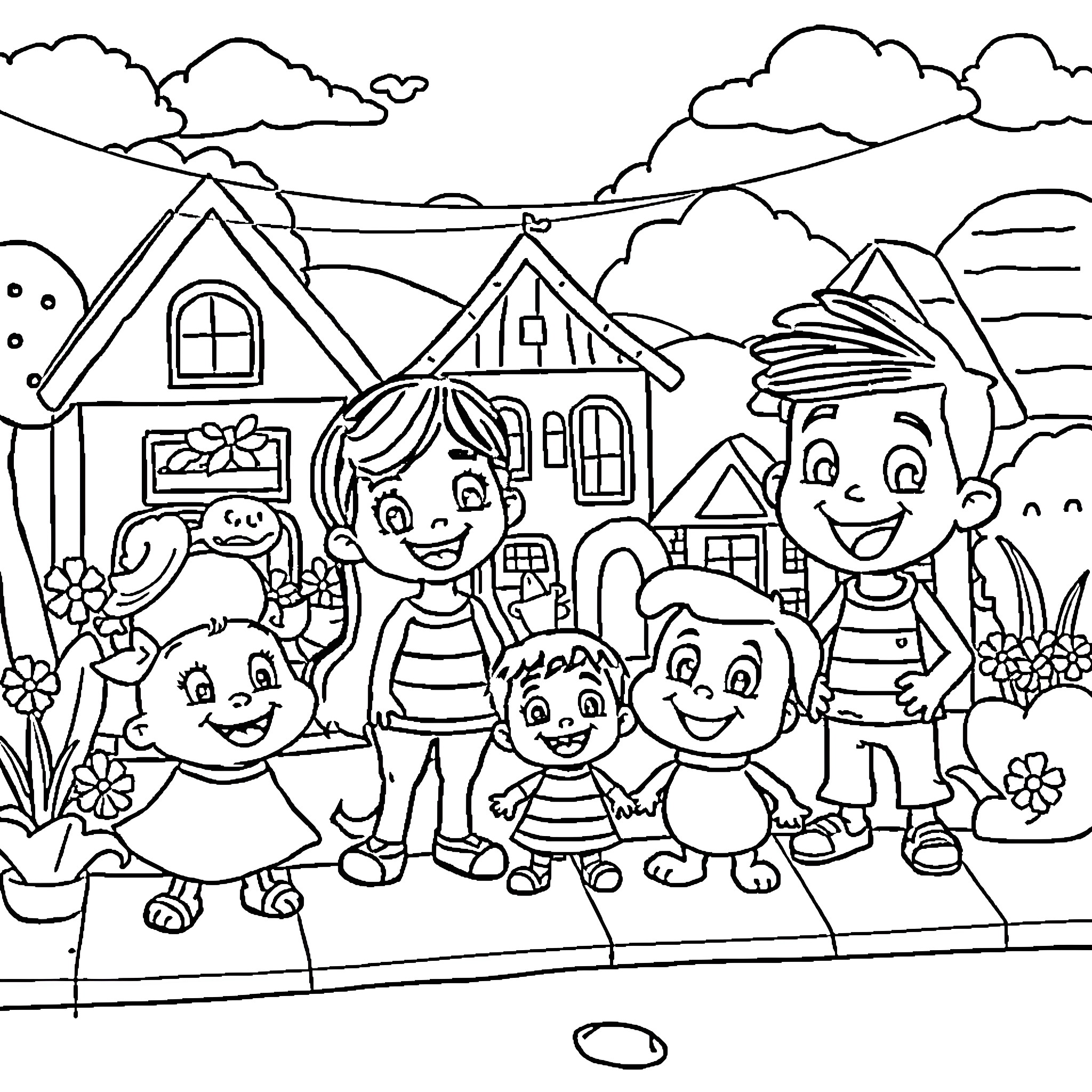Nanalan family outing in the countryside Coloring Page (free black-and-white line drawing printable PDF for all, from beginners to advanced learners, including children, teens, adults, and seniors)