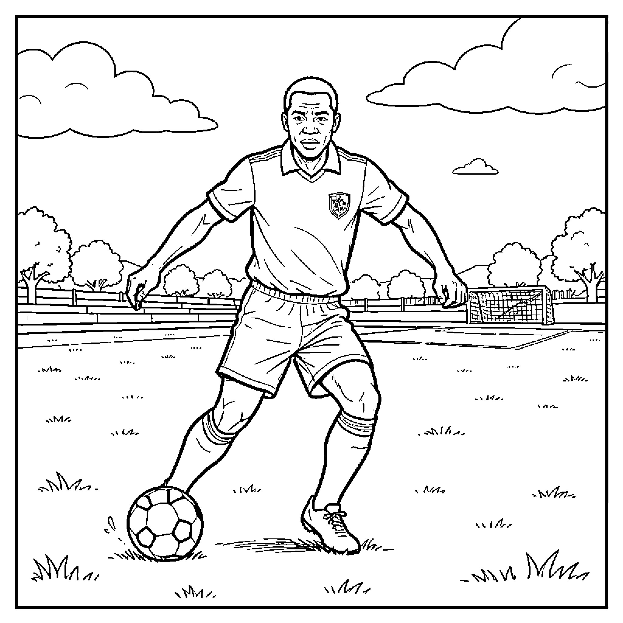 Sassou Nguesso playing soccer on a field Coloring Page (free black-and-white line drawing printable PDF for all, from beginners to advanced learners, including children, teens, adults, and seniors)