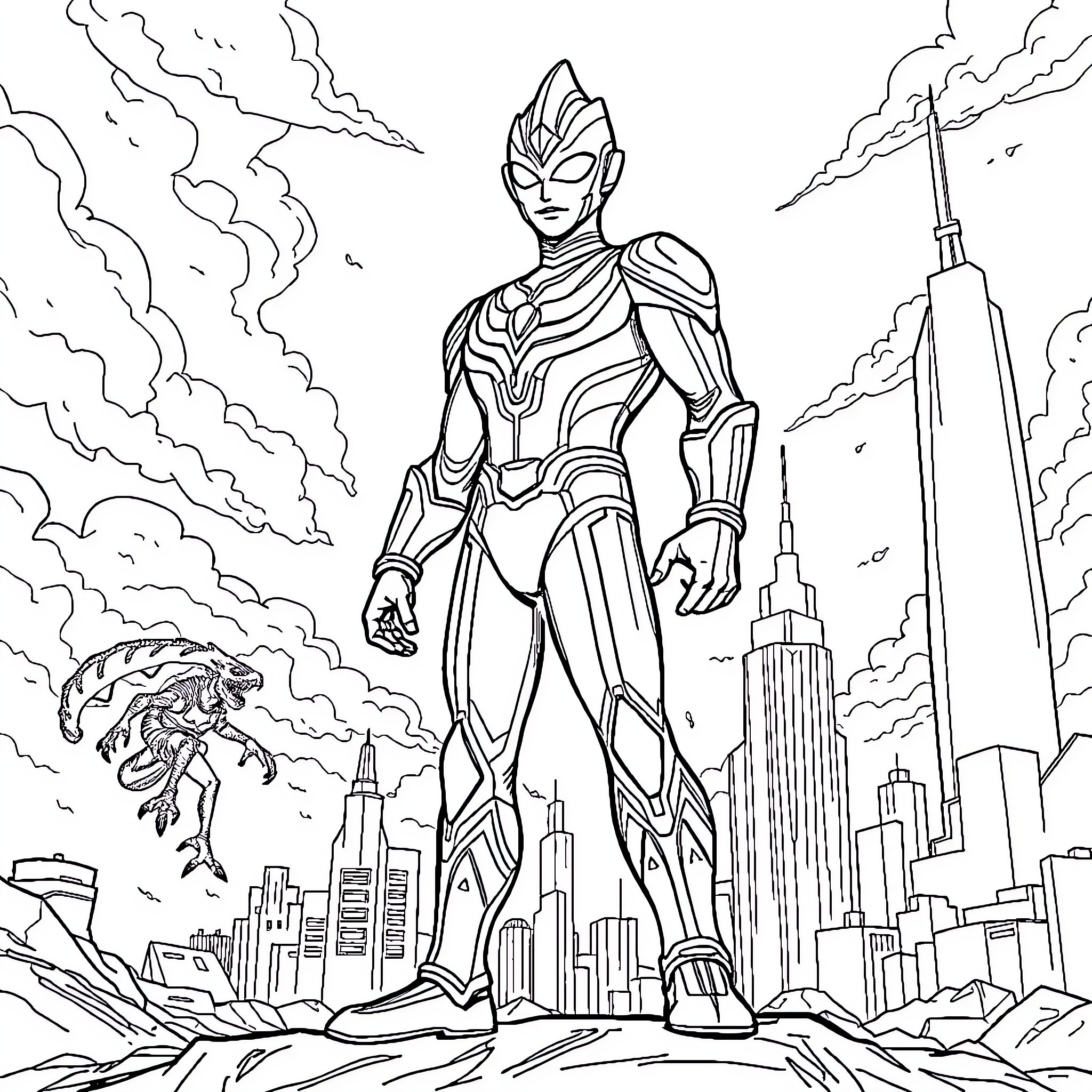 Ultraman standing tall in the city Coloring Page (free black-and-white line drawing printable PDF for all, from beginners to advanced learners, including children, teens, adults, and seniors)