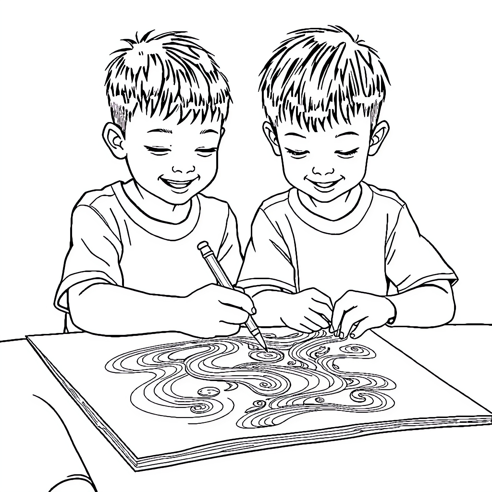 Boys Enjoying Coloring with Enthusiasm Coloring Page (free black-and-white line drawing printable PDF for all, from beginners to advanced learners, including children, teens, adults, and seniors)