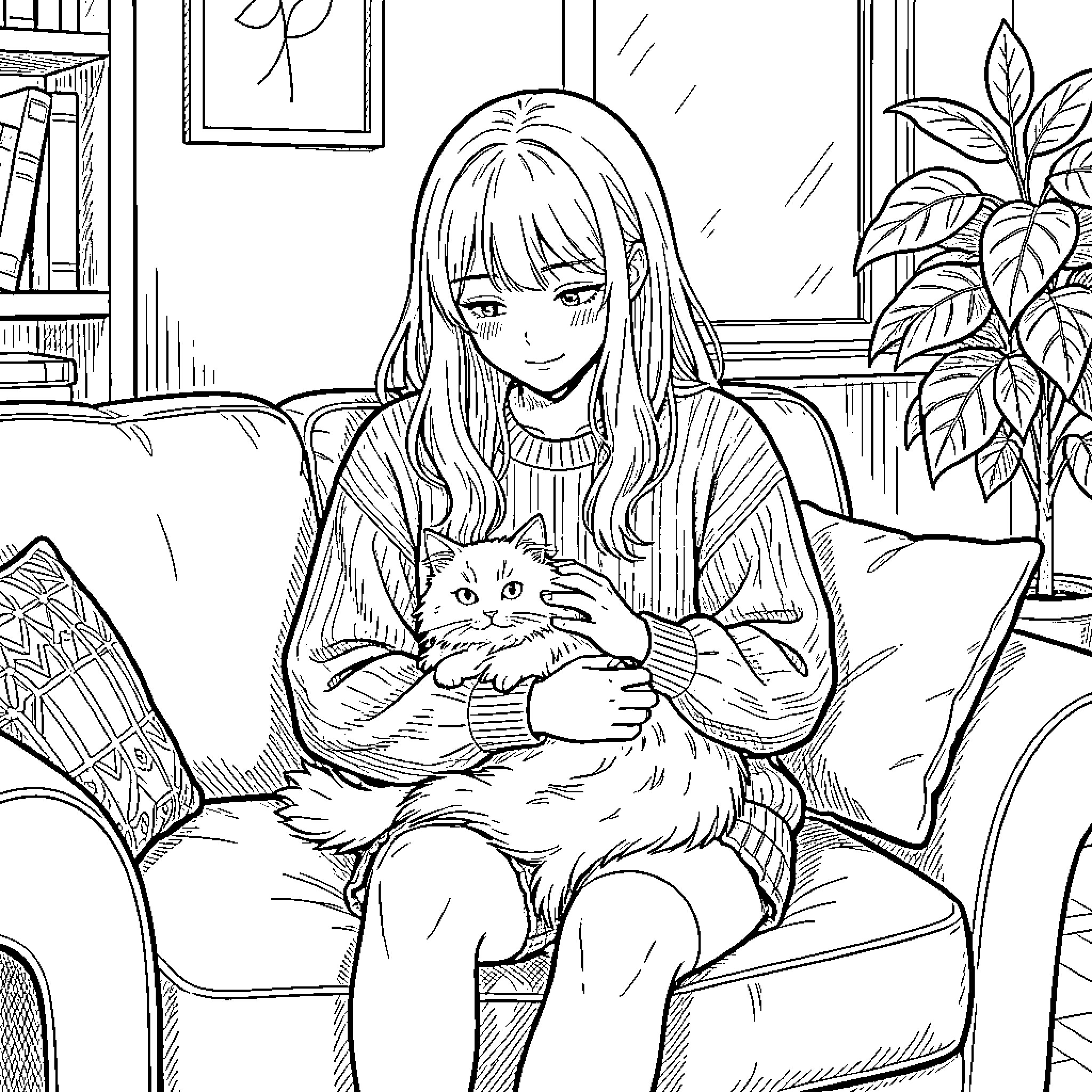 Kpop idol smiling while hugging a fluffy cat Coloring Page (free black-and-white line drawing printable PDF for all, from beginners to advanced learners, including children, teens, adults, and seniors)
