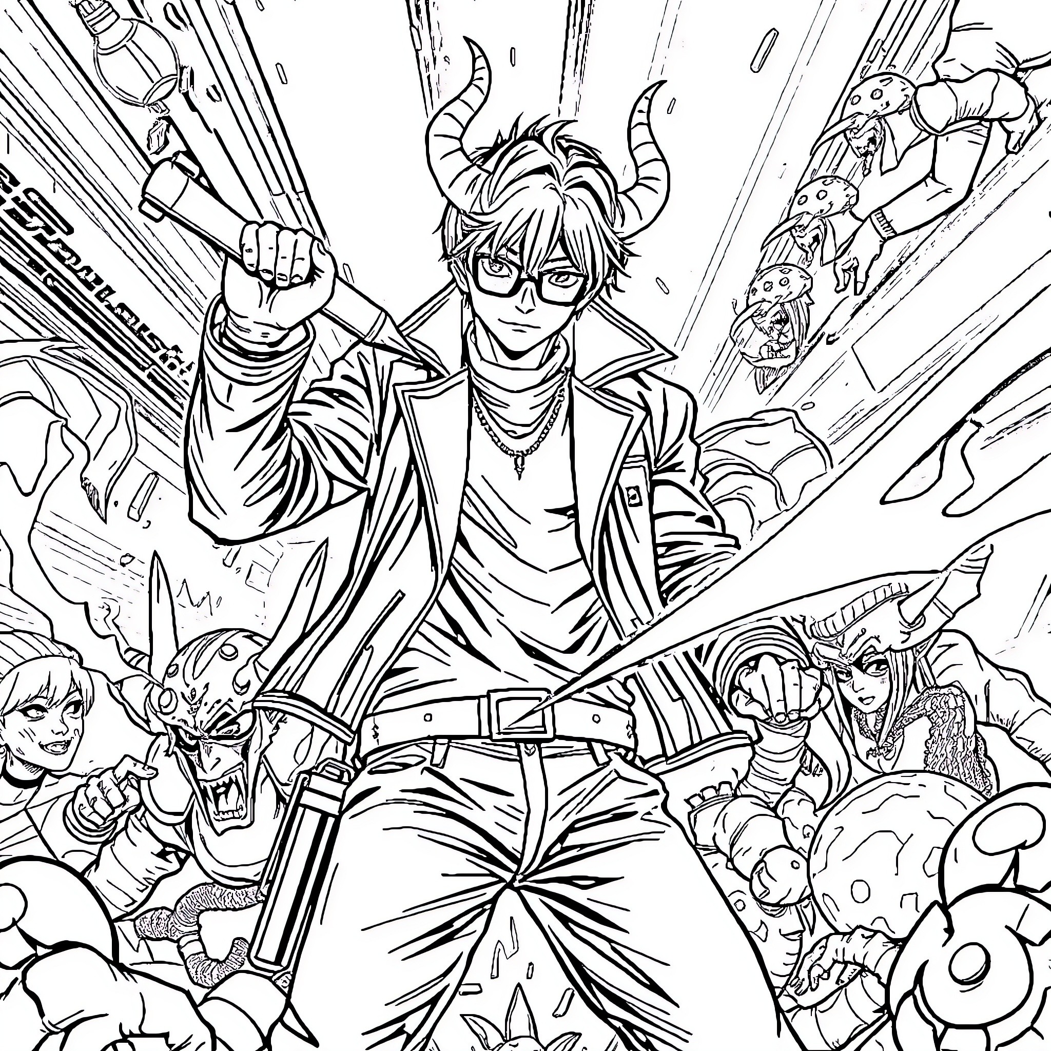 Kpop Demon Hunter battles fierce monsters with stylish attire Coloring Page (free black-and-white line drawing printable PDF for all, from beginners to advanced learners, including children, teens, adults, and seniors)