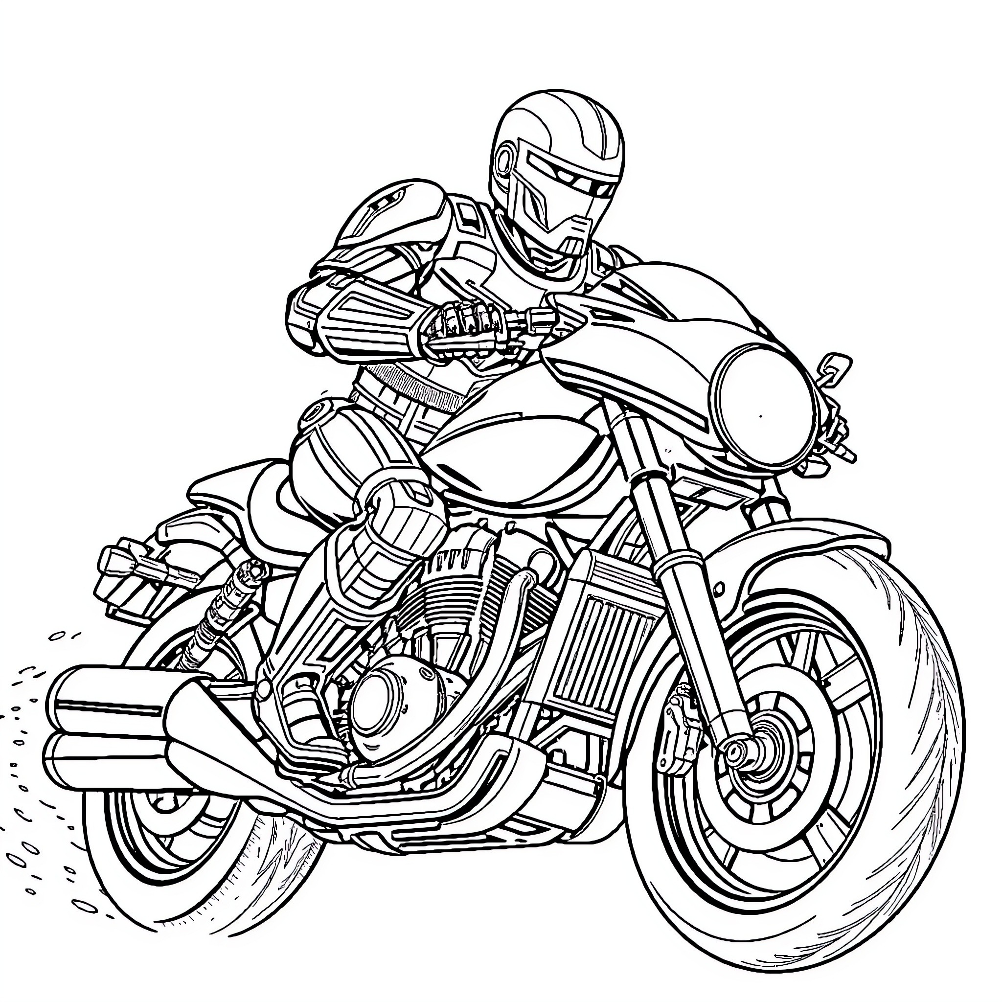 Robocop riding a futuristic motorcycle Coloring Page (free black-and-white line drawing printable PDF for all, from beginners to advanced learners, including children, teens, adults, and seniors)