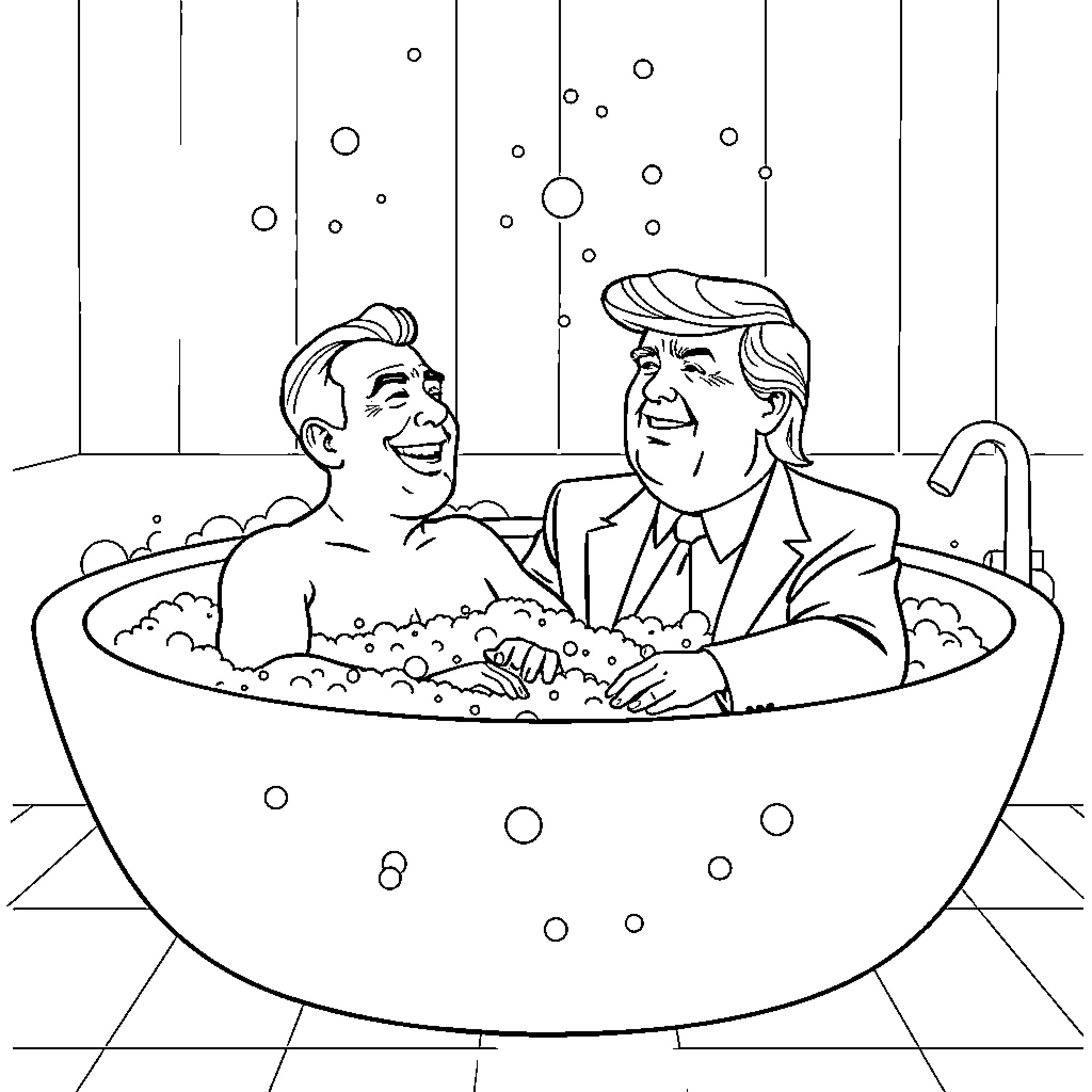 Bolsonaro and Trump relaxing in a bubbly bathtub Coloring Page (free black-and-white line drawing printable PDF for all, from beginners to advanced learners, including children, teens, adults, and seniors)