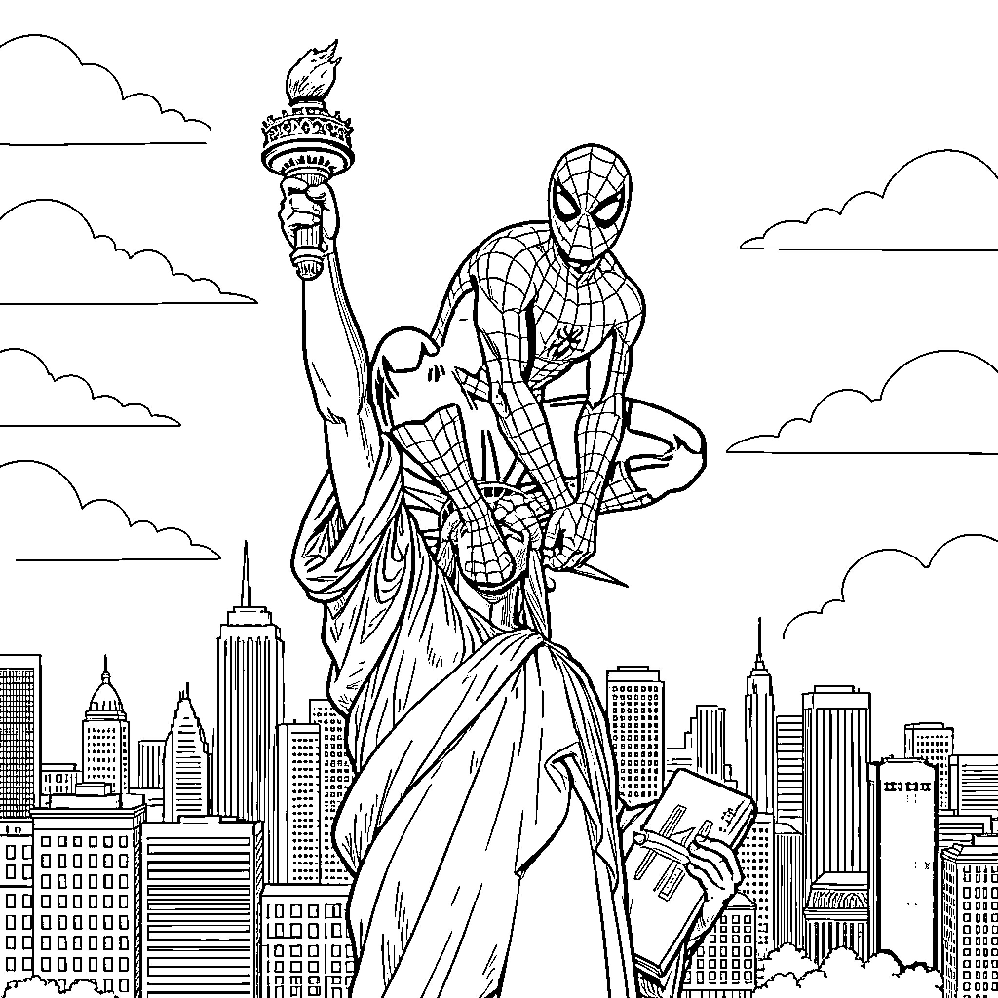Spiderman crouching on the Statue of Liberty Coloring Page (free black-and-white line drawing printable PDF for all, from beginners to advanced learners, including children, teens, adults, and seniors)