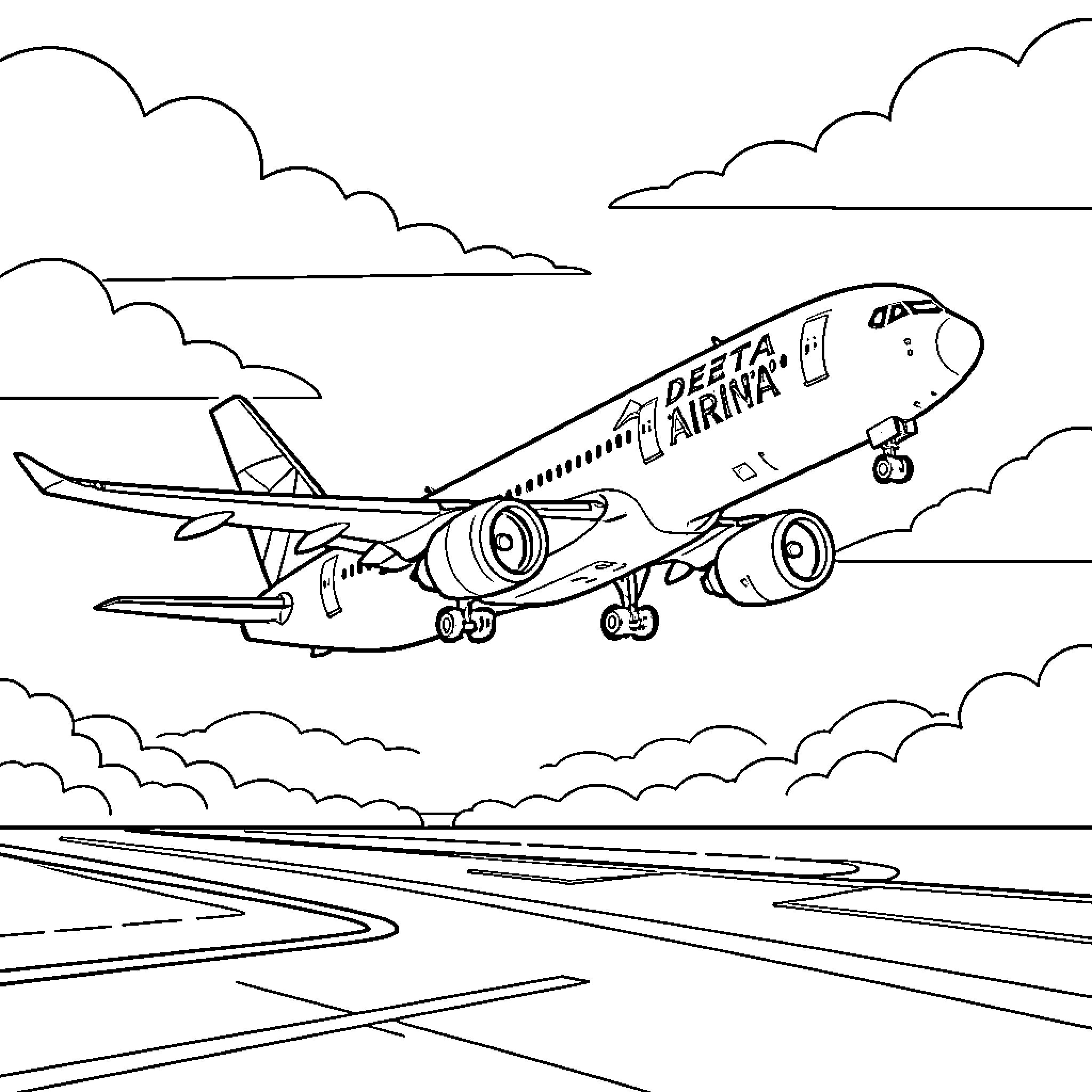 Airbus airplane taking off from the airport runway Coloring Page (free black-and-white line drawing printable PDF for all, from beginners to advanced learners, including children, teens, adults, and seniors)