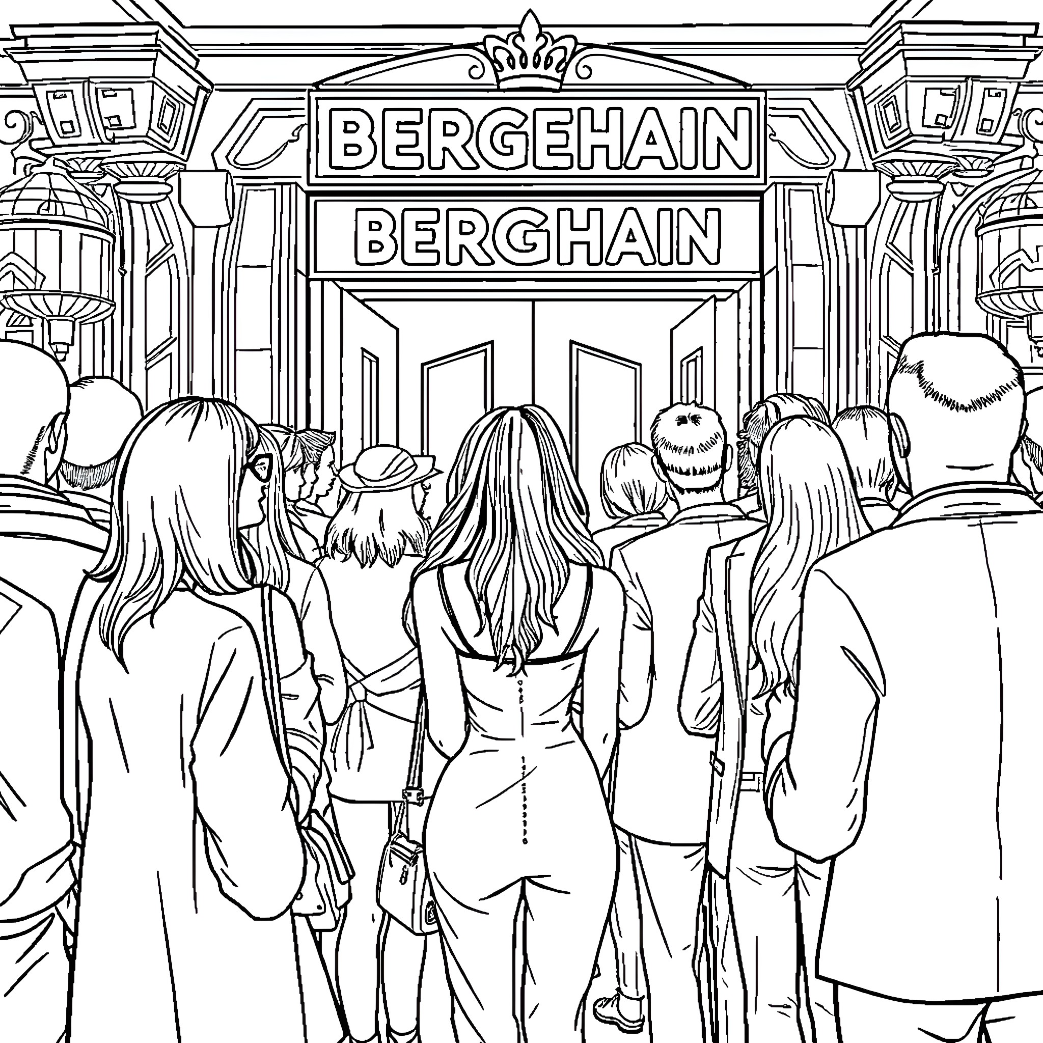 Woman in a Crowd at a Storefront Coloring Page (free black-and-white line drawing printable PDF for all, from beginners to advanced learners, including children, teens, adults, and seniors)